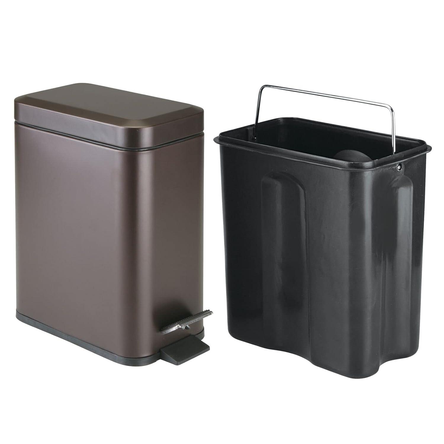 imagemDesign Small Modern 13 Gallon Rectangle Metal Lidded Step Trash Can Compact Garbage Bin with Removable Liner Bucket and Handle for Bathroom Kitchen Craft Room Office Garage BlackBronze
