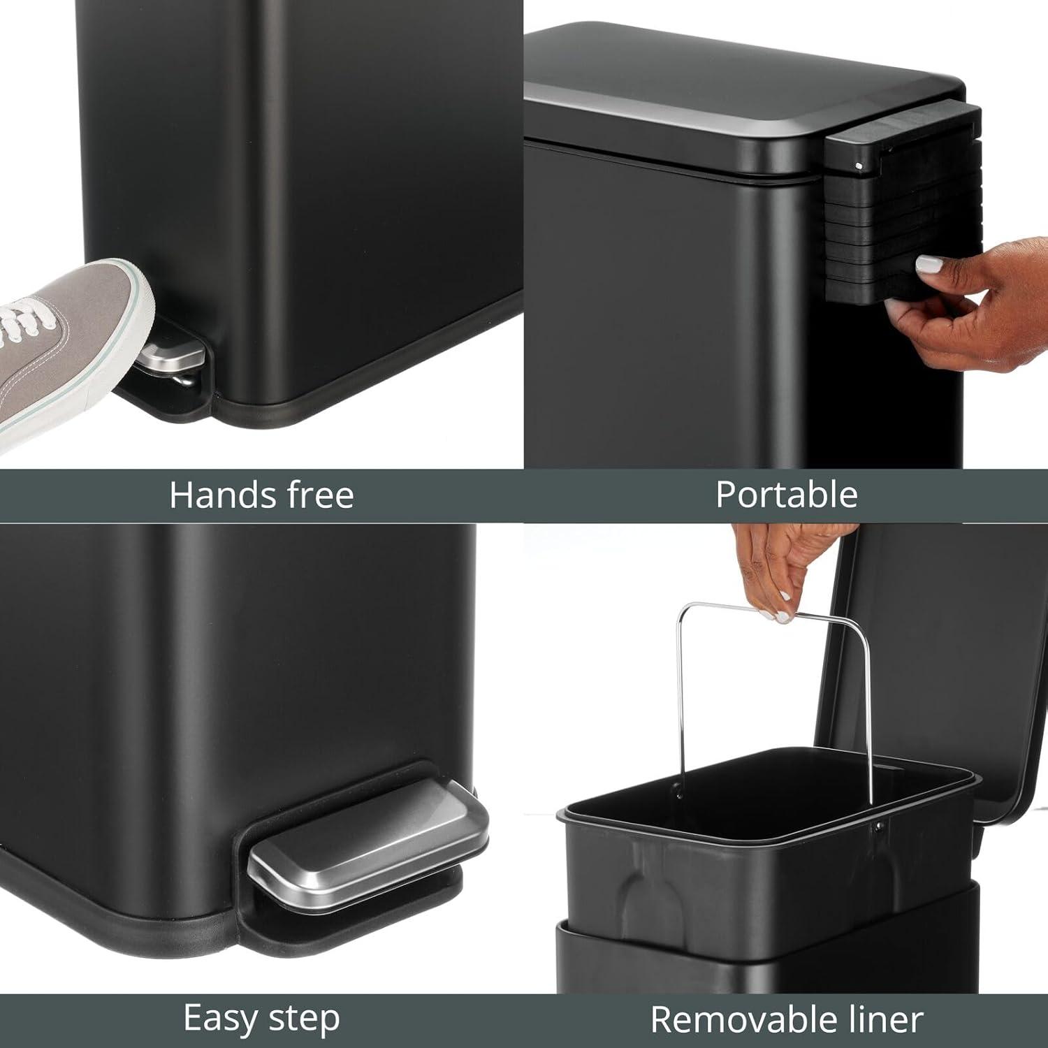 imagemDesign Small Modern 13 Gallon Rectangle Metal Lidded Step Trash Can Compact Garbage Bin with Removable Liner Bucket and Handle for Bathroom Kitchen Craft Room Office Garage BlackBlack