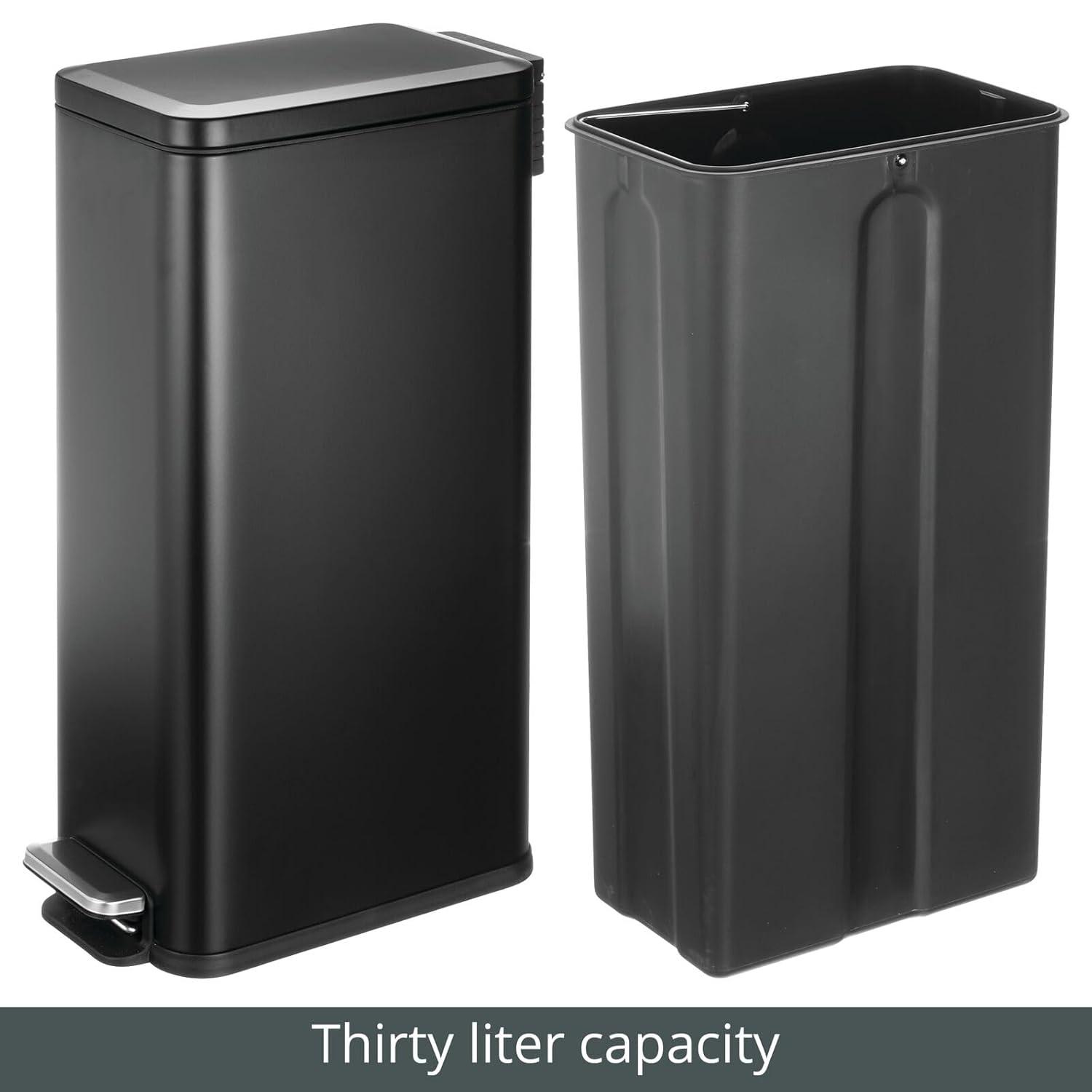imagemDesign Small Modern 13 Gallon Rectangle Metal Lidded Step Trash Can Compact Garbage Bin with Removable Liner Bucket and Handle for Bathroom Kitchen Craft Room Office Garage BlackBlack
