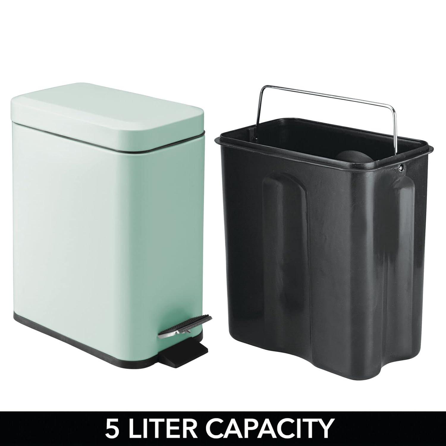 imagemDesign Small Modern 13 Gallon Rectangle Metal Lidded Step Trash Can Compact Garbage Bin with Removable Liner Bucket and Handle for Bathroom Kitchen Craft Room Office Garage BlackLight Mint Green