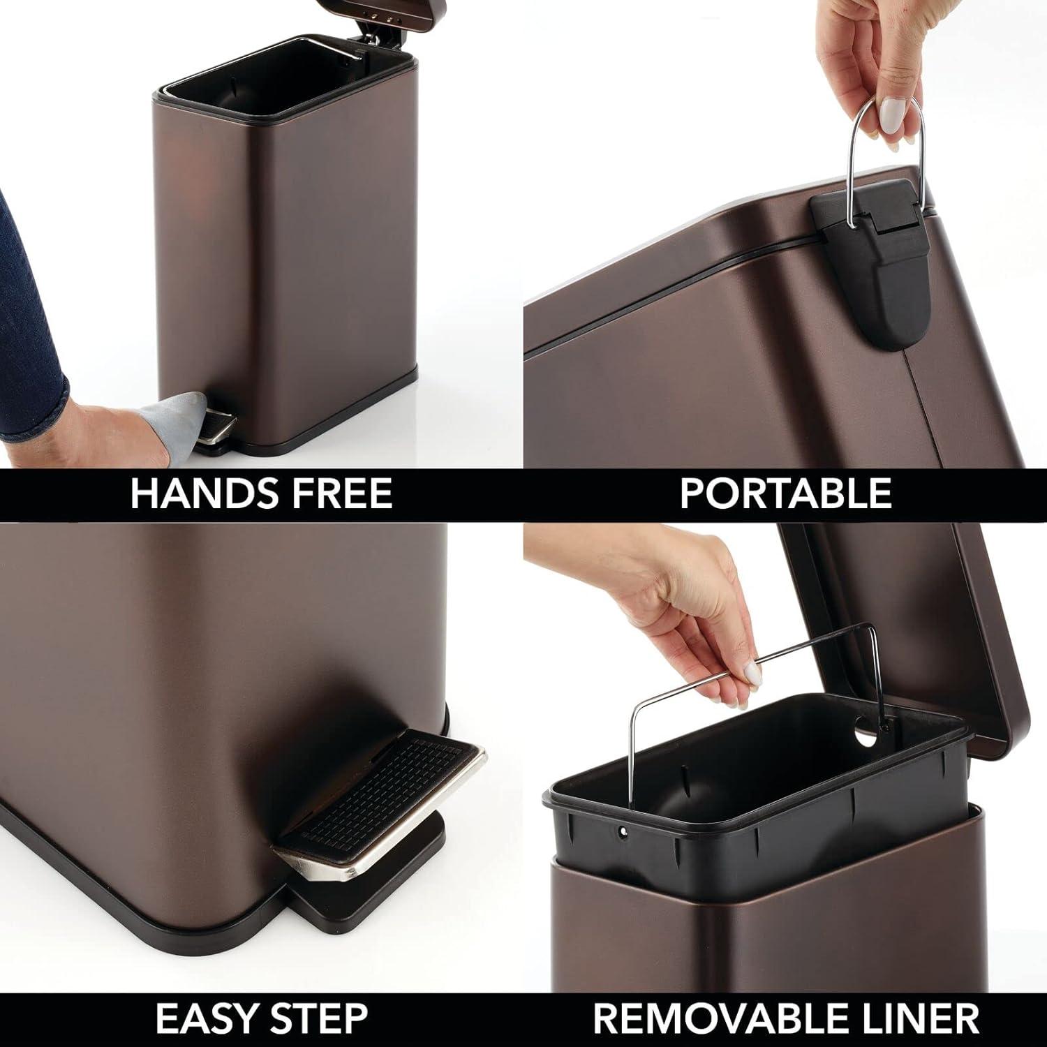 imagemDesign Small Modern 13 Gallon Rectangle Metal Lidded Step Trash Can Compact Garbage Bin with Removable Liner Bucket and Handle for Bathroom Kitchen Craft Room Office Garage BlackBronze