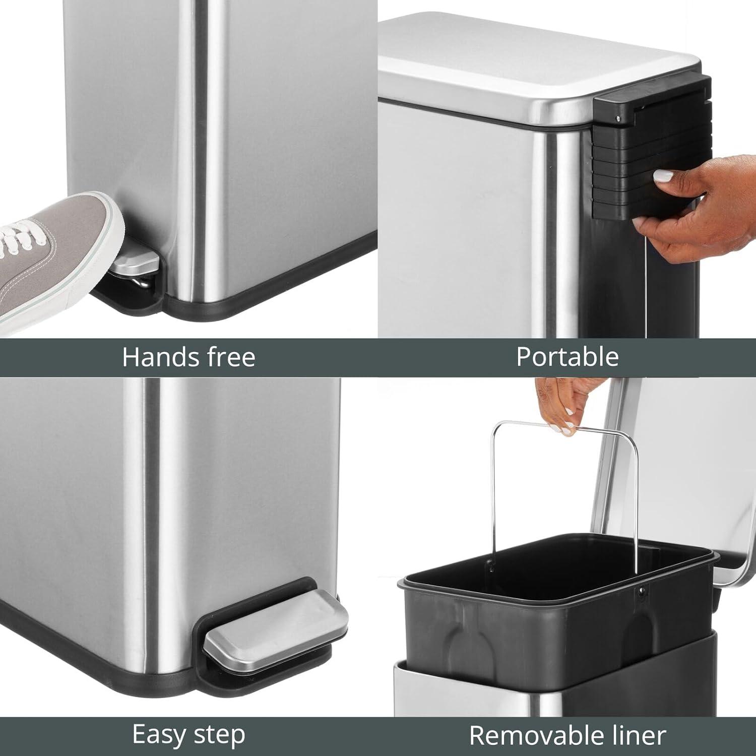imagemDesign Small Modern 13 Gallon Rectangle Metal Lidded Step Trash Can Compact Garbage Bin with Removable Liner Bucket and Handle for Bathroom Kitchen Craft Room Office Garage BlackBrushed