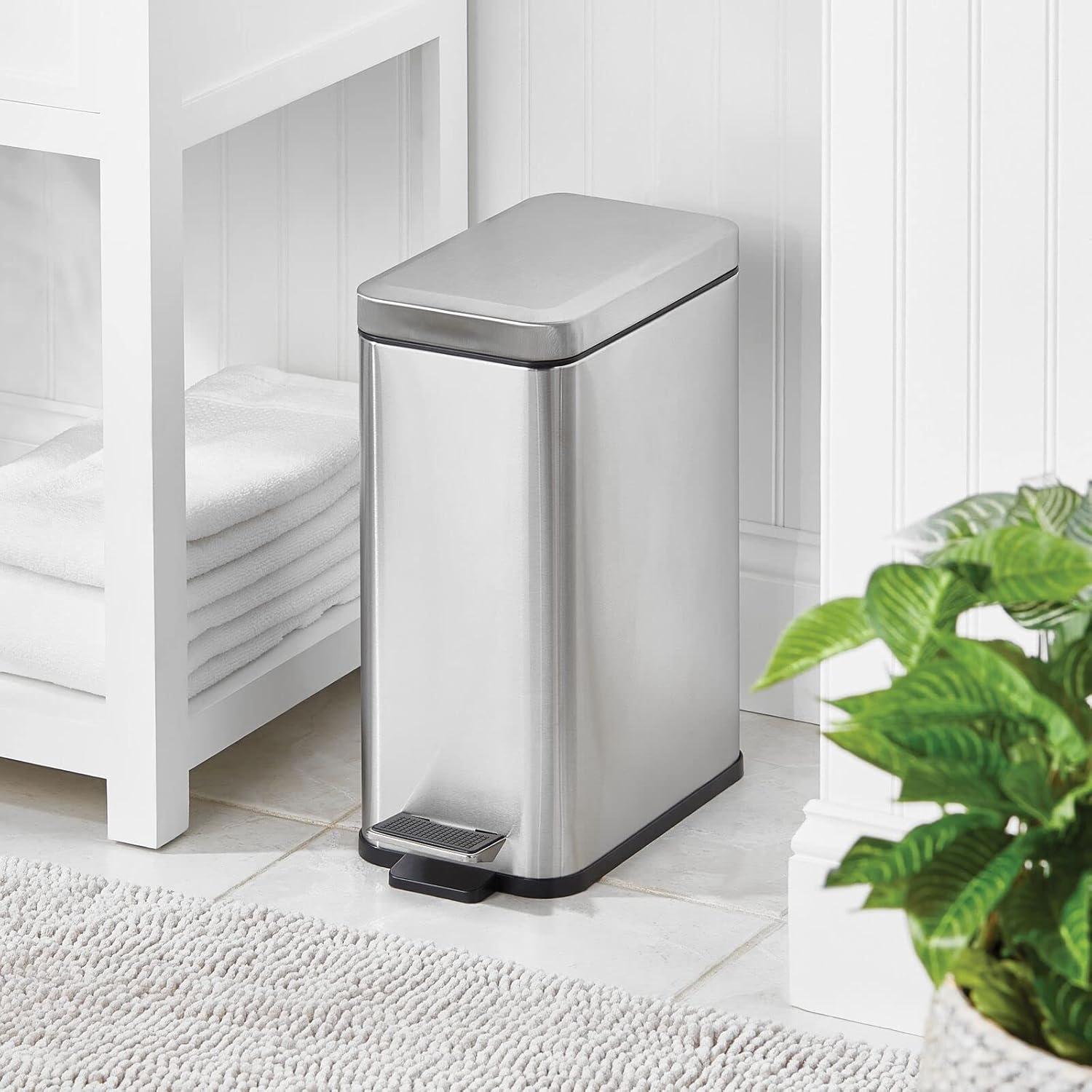 imagemDesign Small Modern 13 Gallon Rectangle Metal Lidded Step Trash Can Compact Garbage Bin with Removable Liner Bucket and Handle for Bathroom Kitchen Craft Room Office Garage BlackBrushed