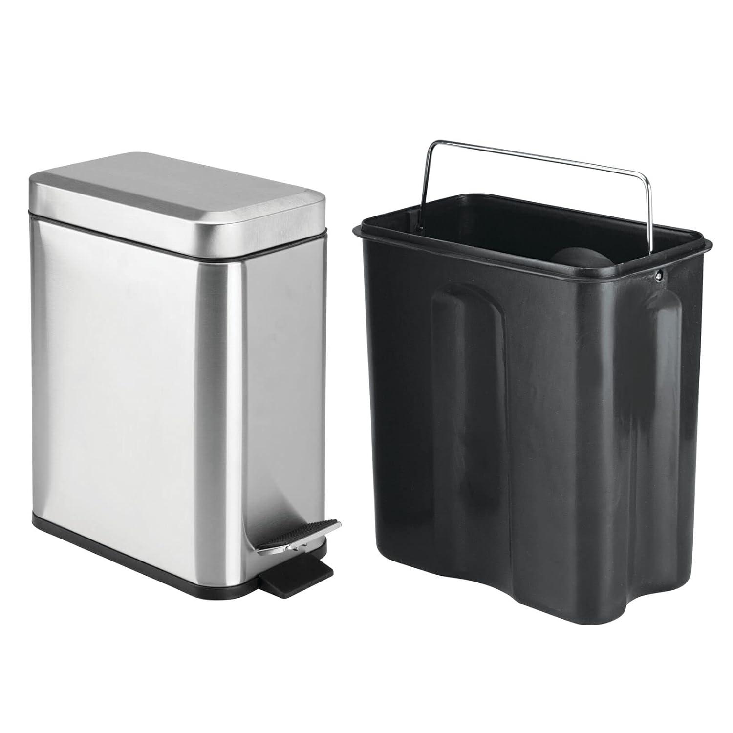 imagemDesign Small Modern 13 Gallon Rectangle Metal Lidded Step Trash Can Compact Garbage Bin with Removable Liner Bucket and Handle for Bathroom Kitchen Craft Room Office Garage BlackBrushed