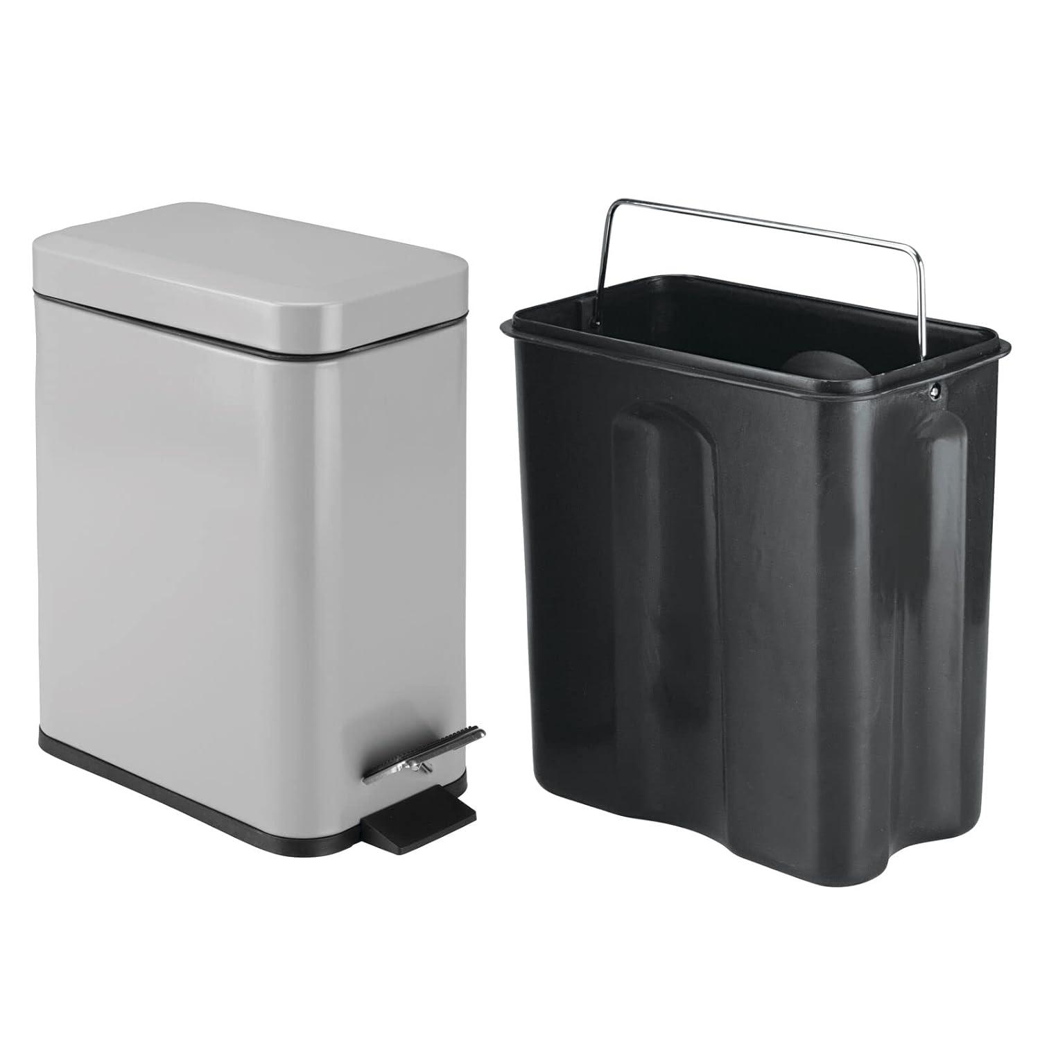 imagemDesign Small Modern 13 Gallon Rectangle Metal Lidded Step Trash Can Compact Garbage Bin with Removable Liner Bucket and Handle for Bathroom Kitchen Craft Room Office Garage BlackGray
