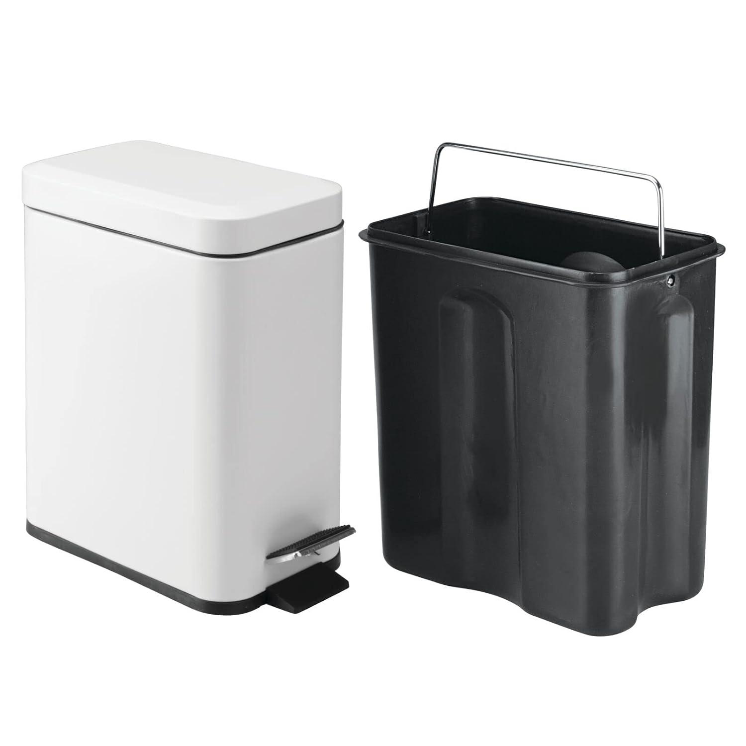 imagemDesign Small Modern 13 Gallon Rectangle Metal Lidded Step Trash Can Compact Garbage Bin with Removable Liner Bucket and Handle for Bathroom Kitchen Craft Room Office Garage BlackWhite