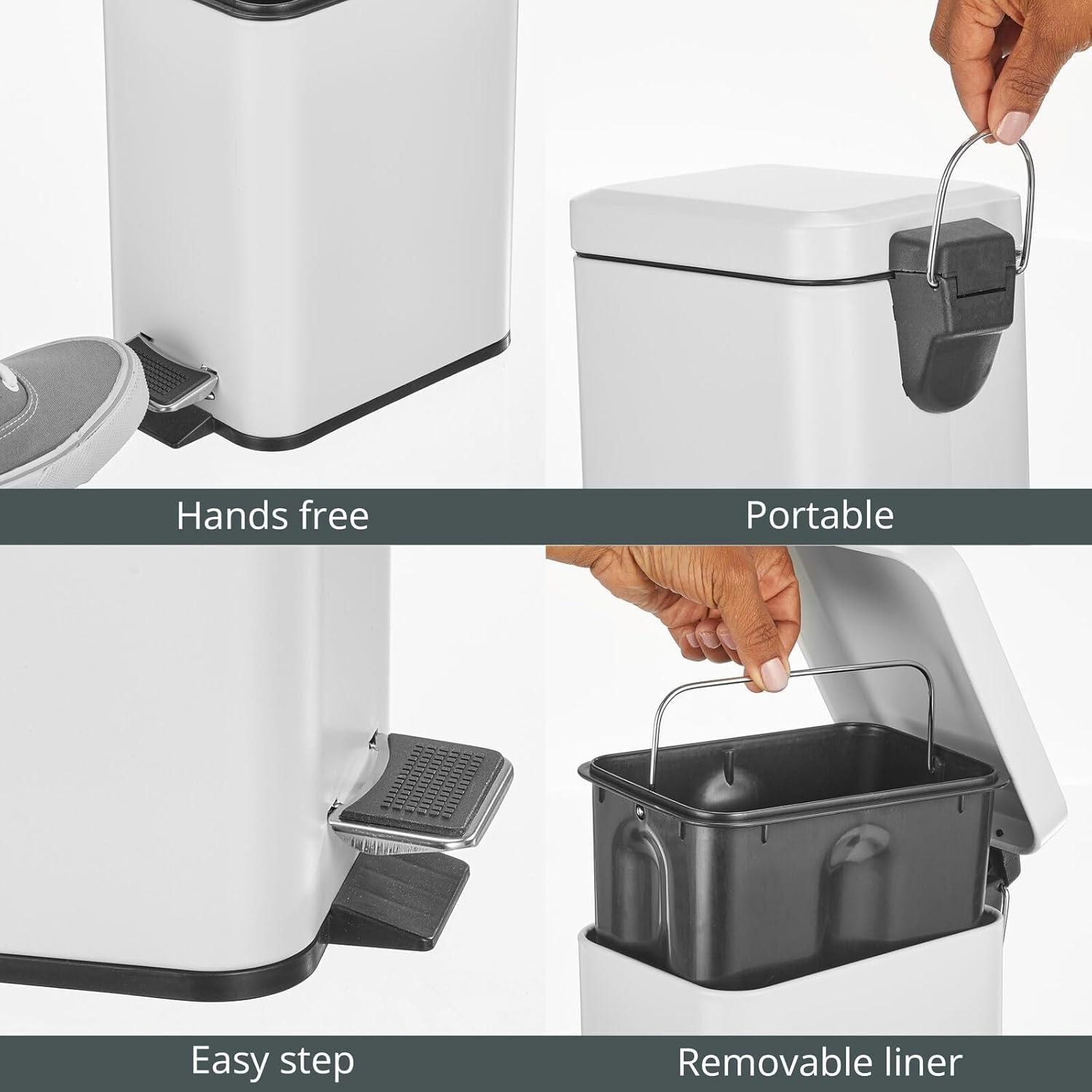 imagemDesign Small Modern 13 Gallon Rectangle Metal Lidded Step Trash Can Compact Garbage Bin with Removable Liner Bucket and Handle for Bathroom Kitchen Craft Room Office Garage BlackWhite