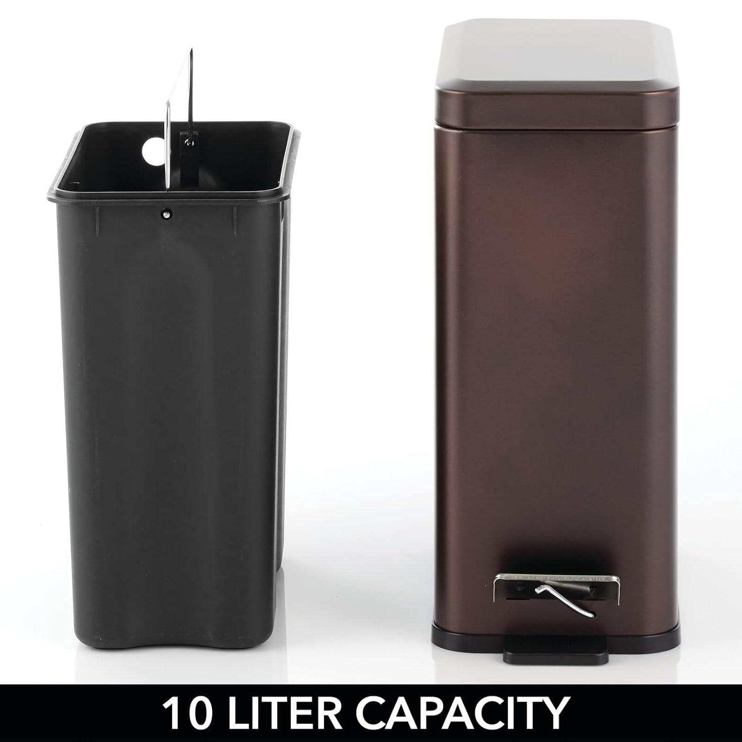 imagemDesign Small Modern 13 Gallon Rectangle Metal Lidded Step Trash Can Compact Garbage Bin with Removable Liner Bucket and Handle for Bathroom Kitchen Craft Room Office Garage BlackBronze