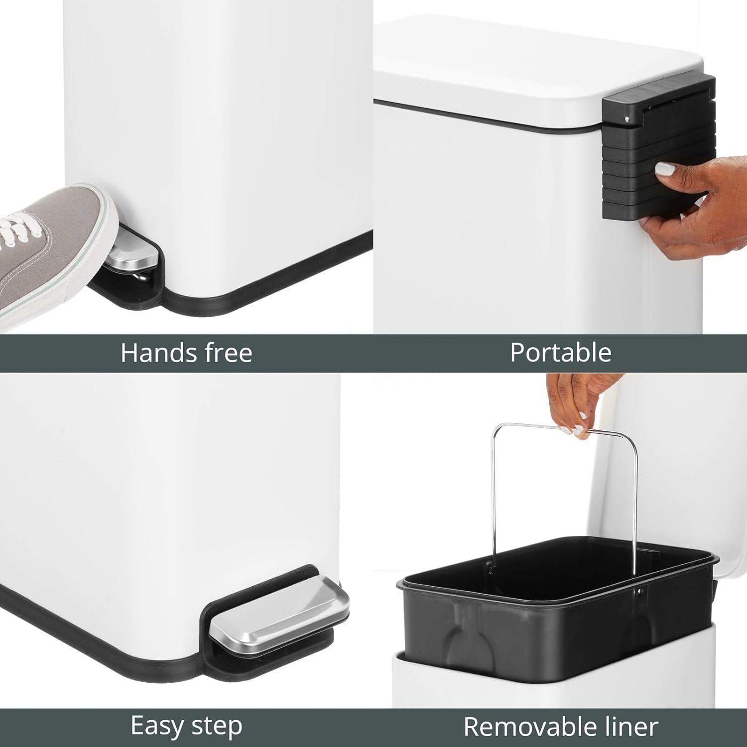 imagemDesign Small Modern 13 Gallon Rectangle Metal Lidded Step Trash Can Compact Garbage Bin with Removable Liner Bucket and Handle for Bathroom Kitchen Craft Room Office Garage BlackWhite
