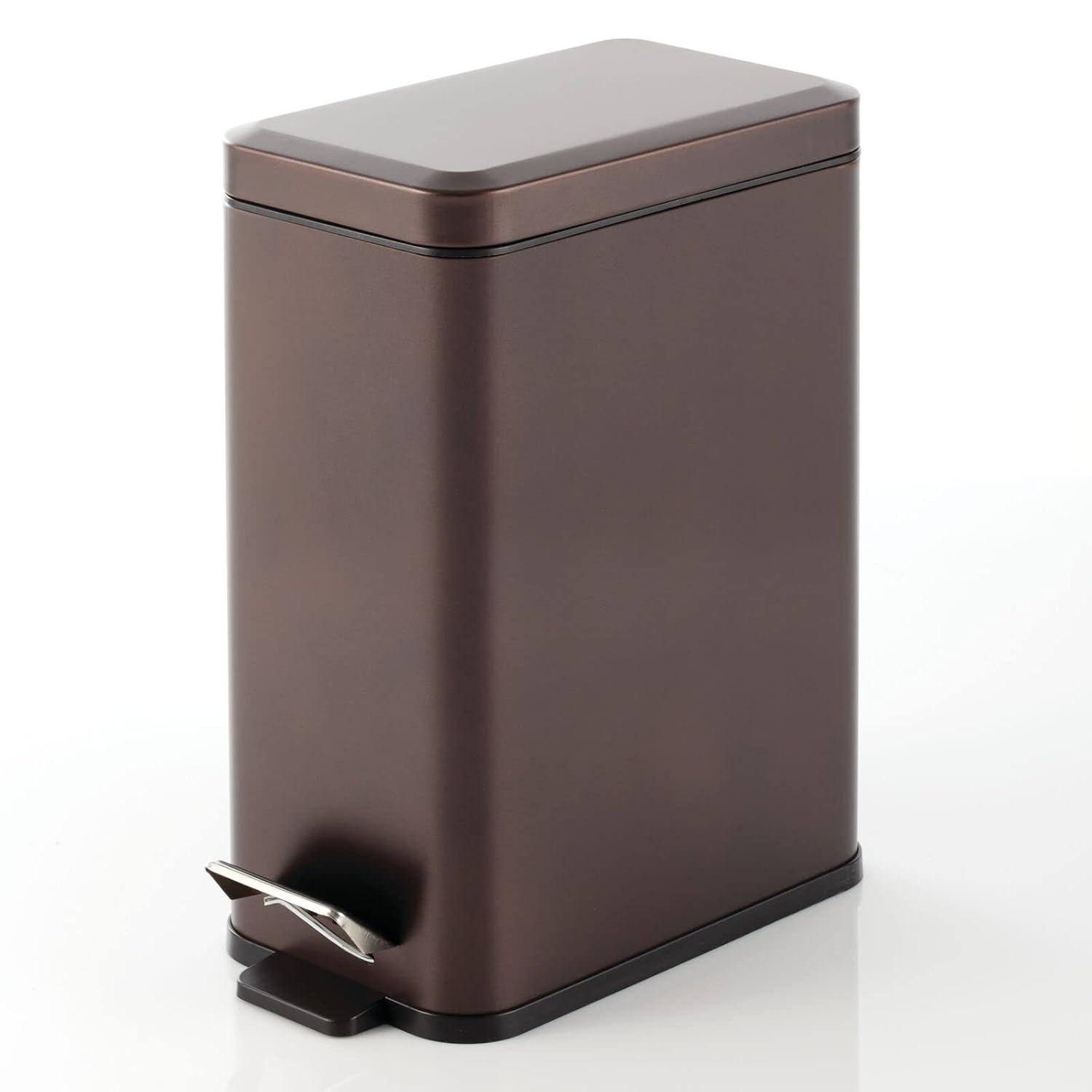 imagemDesign Small Modern 13 Gallon Rectangle Metal Lidded Step Trash Can Compact Garbage Bin with Removable Liner Bucket and Handle for Bathroom Kitchen Craft Room Office Garage BlackBronze