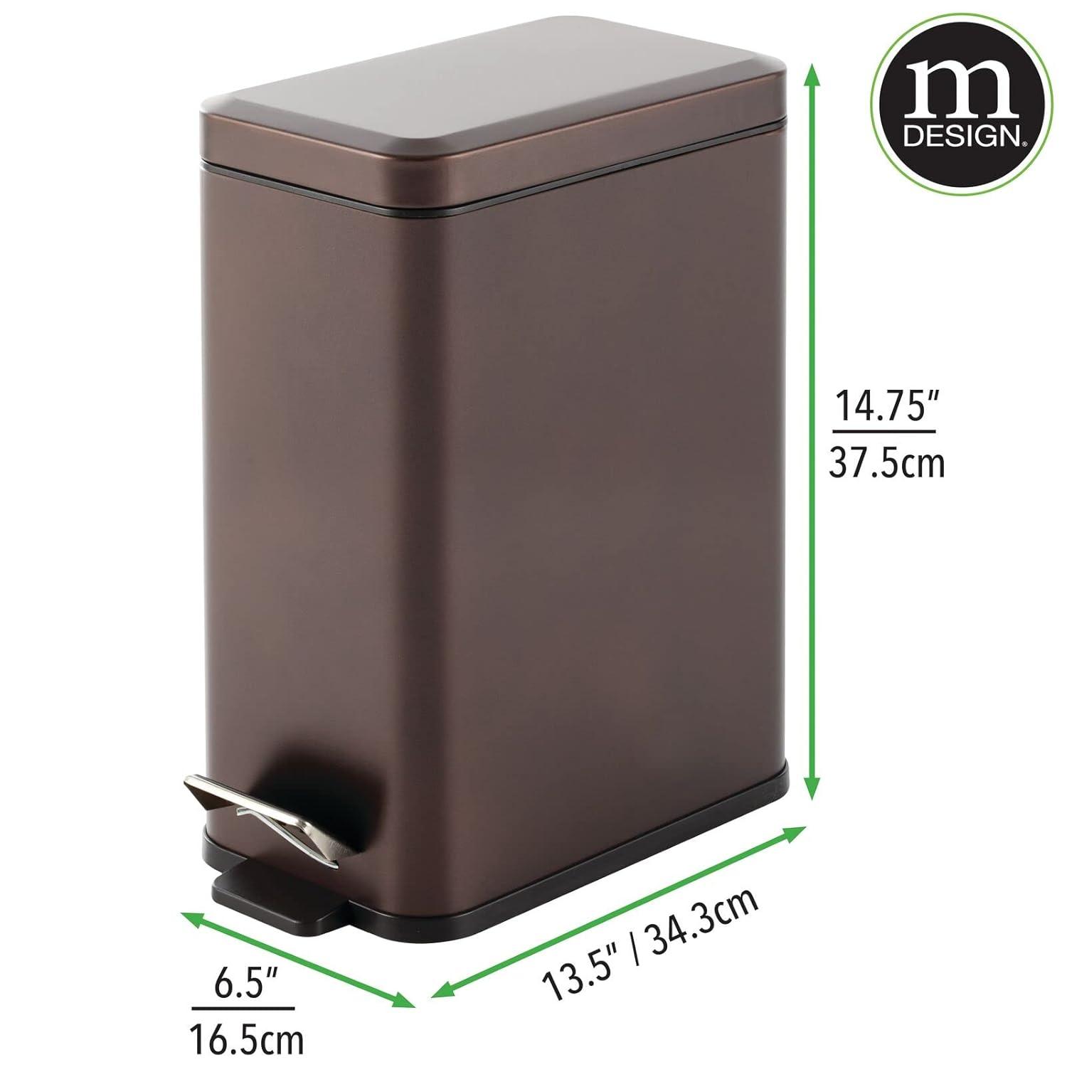 imagemDesign Small Modern 13 Gallon Rectangle Metal Lidded Step Trash Can Compact Garbage Bin with Removable Liner Bucket and Handle for Bathroom Kitchen Craft Room Office Garage BlackBronze
