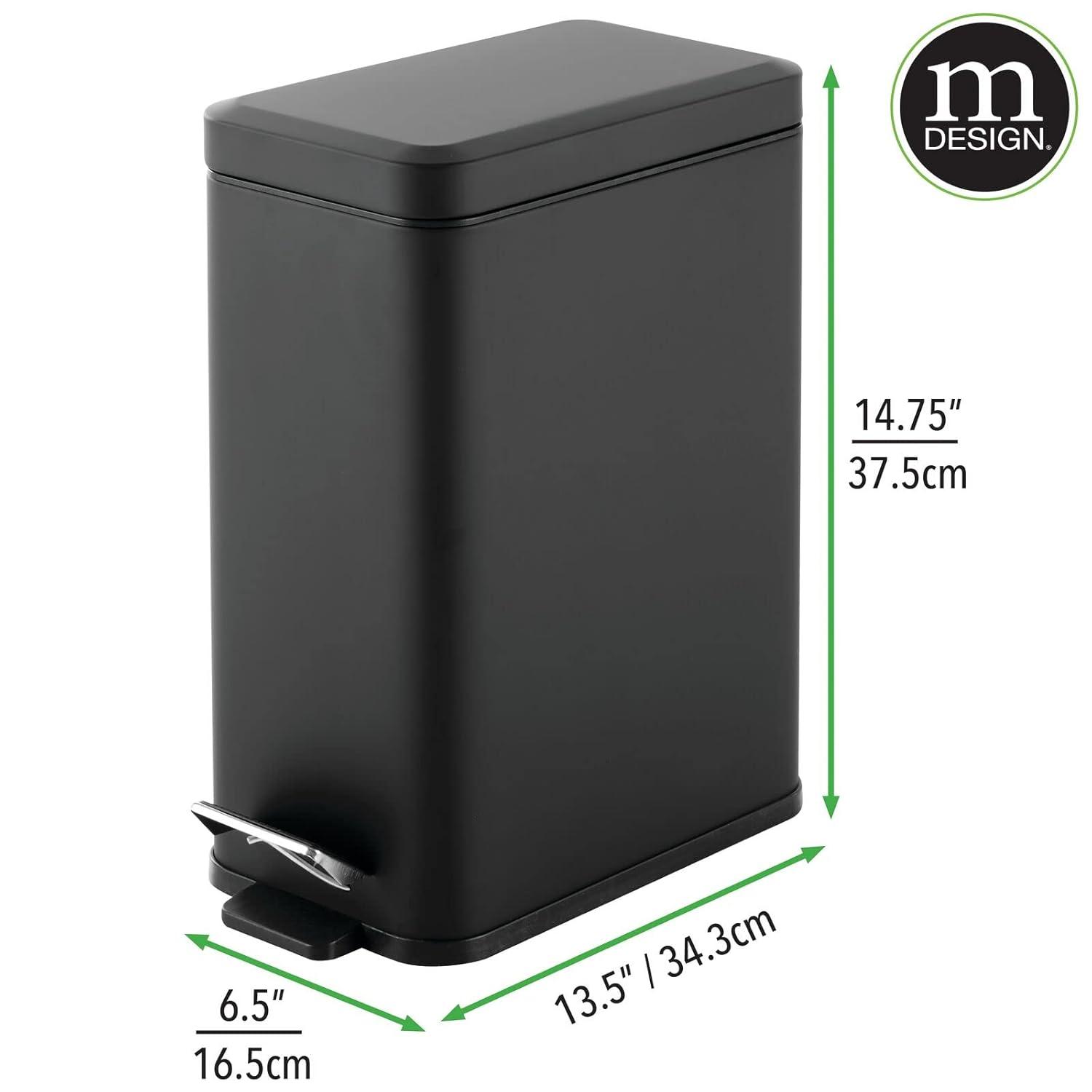 imagemDesign Small Modern 13 Gallon Rectangle Metal Lidded Step Trash Can Compact Garbage Bin with Removable Liner Bucket and Handle for Bathroom Kitchen Craft Room Office Garage BlackBlack