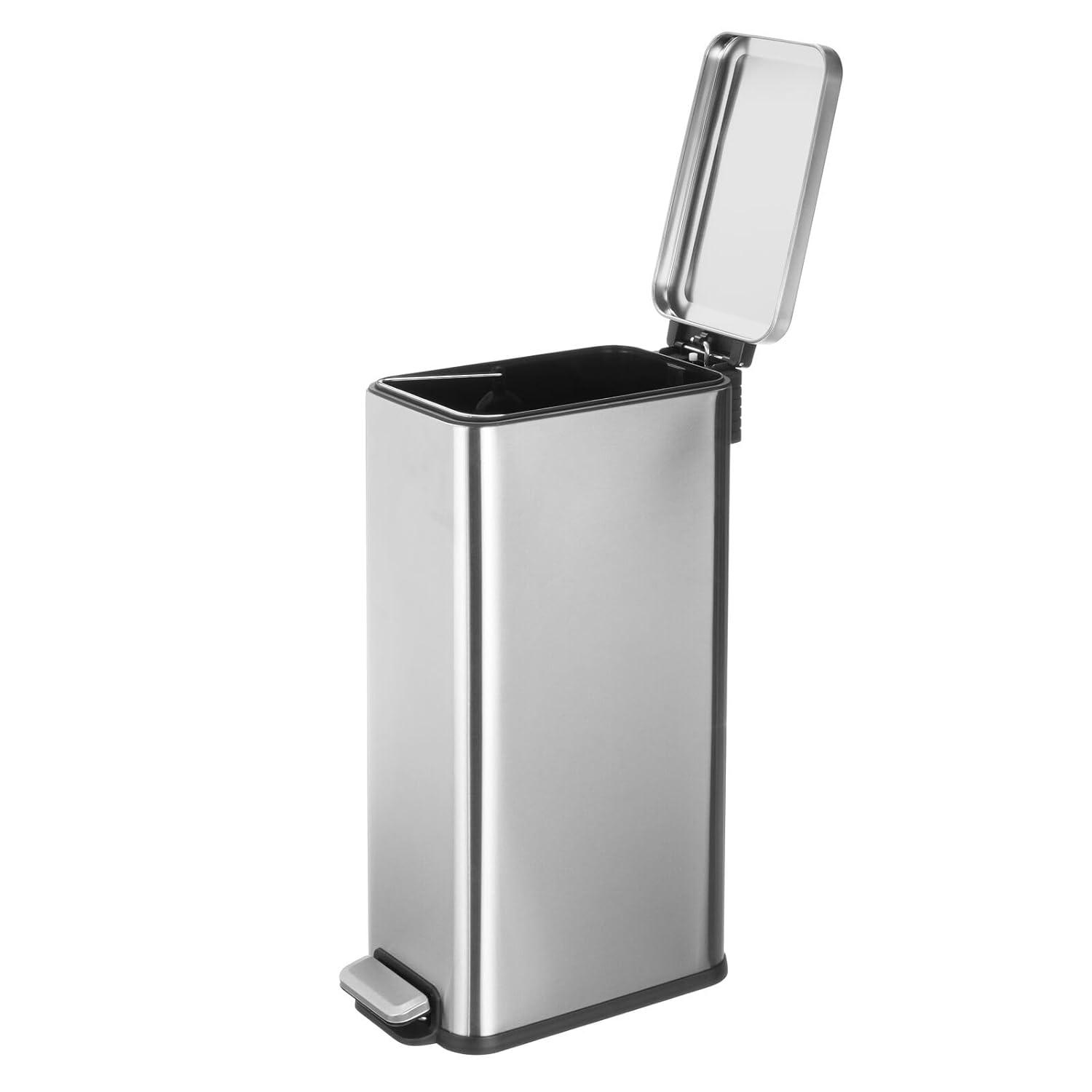 imagemDesign Small Modern 13 Gallon Rectangle Metal Lidded Step Trash Can Compact Garbage Bin with Removable Liner Bucket and Handle for Bathroom Kitchen Craft Room Office Garage BlackBrushed