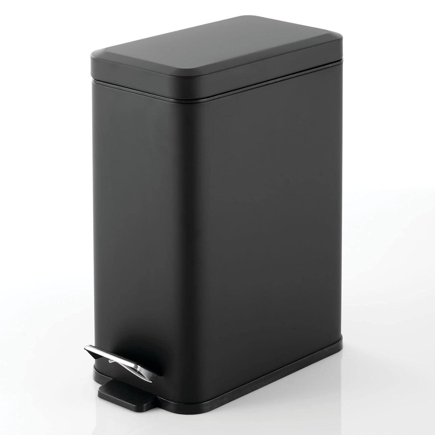imagemDesign Small Modern 13 Gallon Rectangle Metal Lidded Step Trash Can Compact Garbage Bin with Removable Liner Bucket and Handle for Bathroom Kitchen Craft Room Office Garage BlackBlack
