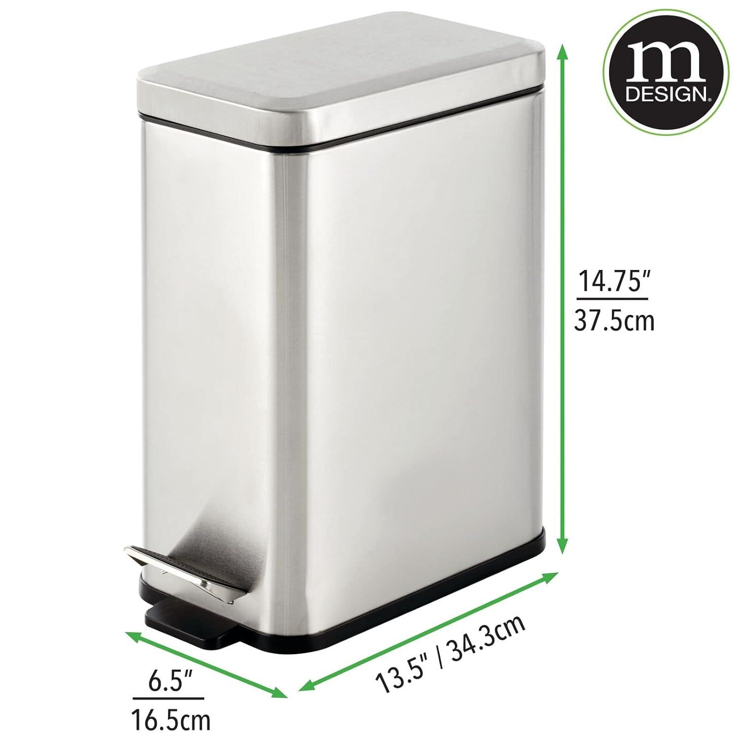 imagemDesign Small Modern 13 Gallon Rectangle Metal Lidded Step Trash Can Compact Garbage Bin with Removable Liner Bucket and Handle for Bathroom Kitchen Craft Room Office Garage BlackBrushed