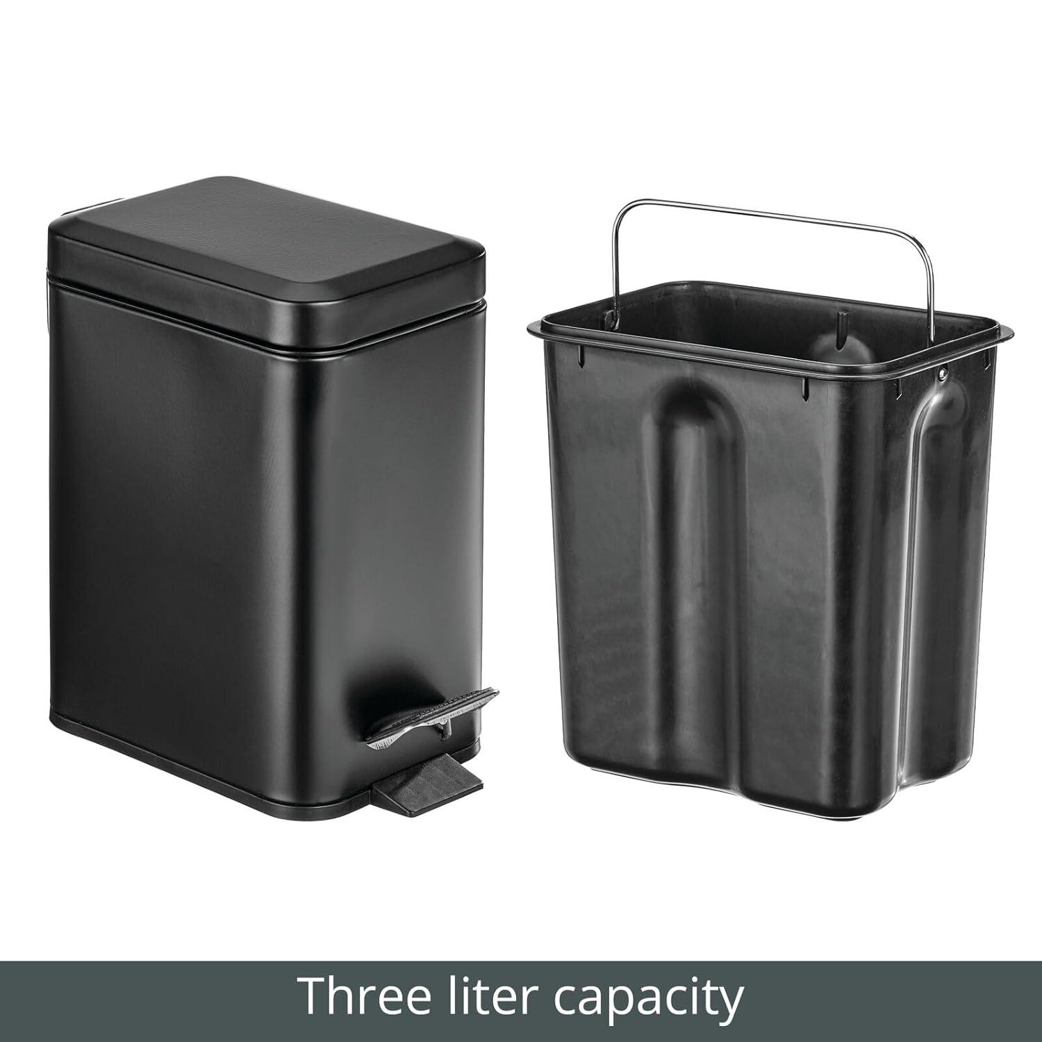 imagemDesign Small Modern 13 Gallon Rectangle Metal Lidded Step Trash Can Compact Garbage Bin with Removable Liner Bucket and Handle for Bathroom Kitchen Craft Room Office Garage BlackBlack