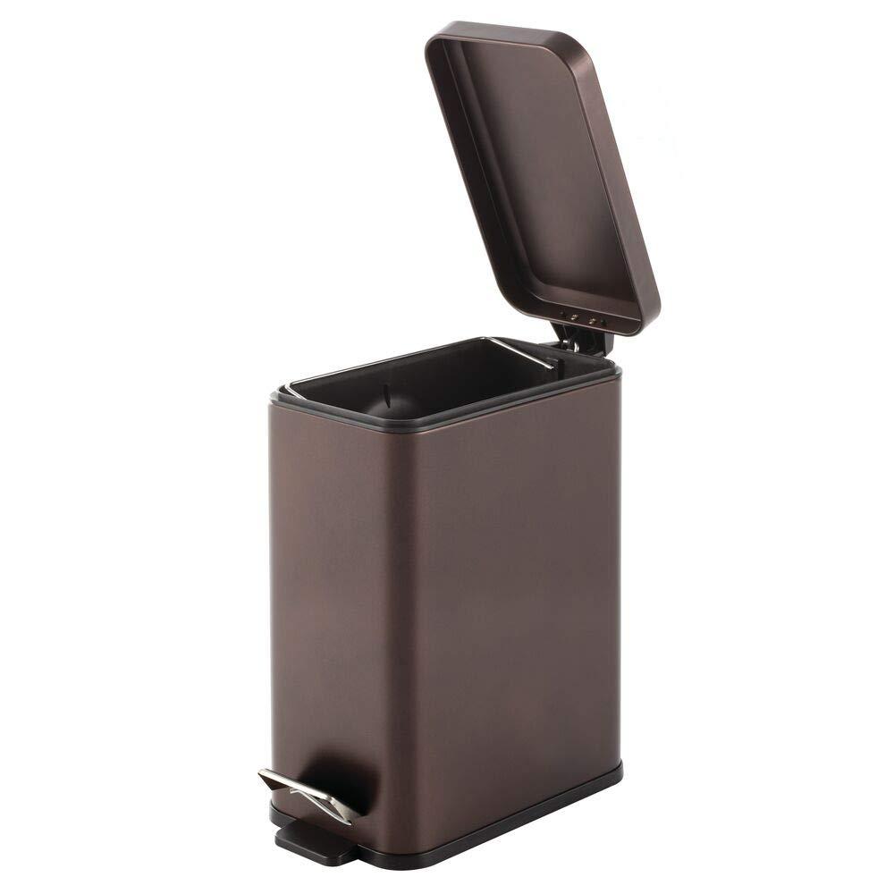 imagemDesign Small Modern 13 Gallon Rectangle Metal Lidded Step Trash Can Compact Garbage Bin with Removable Liner Bucket and Handle for Bathroom Kitchen Craft Room Office Garage BlackBronze