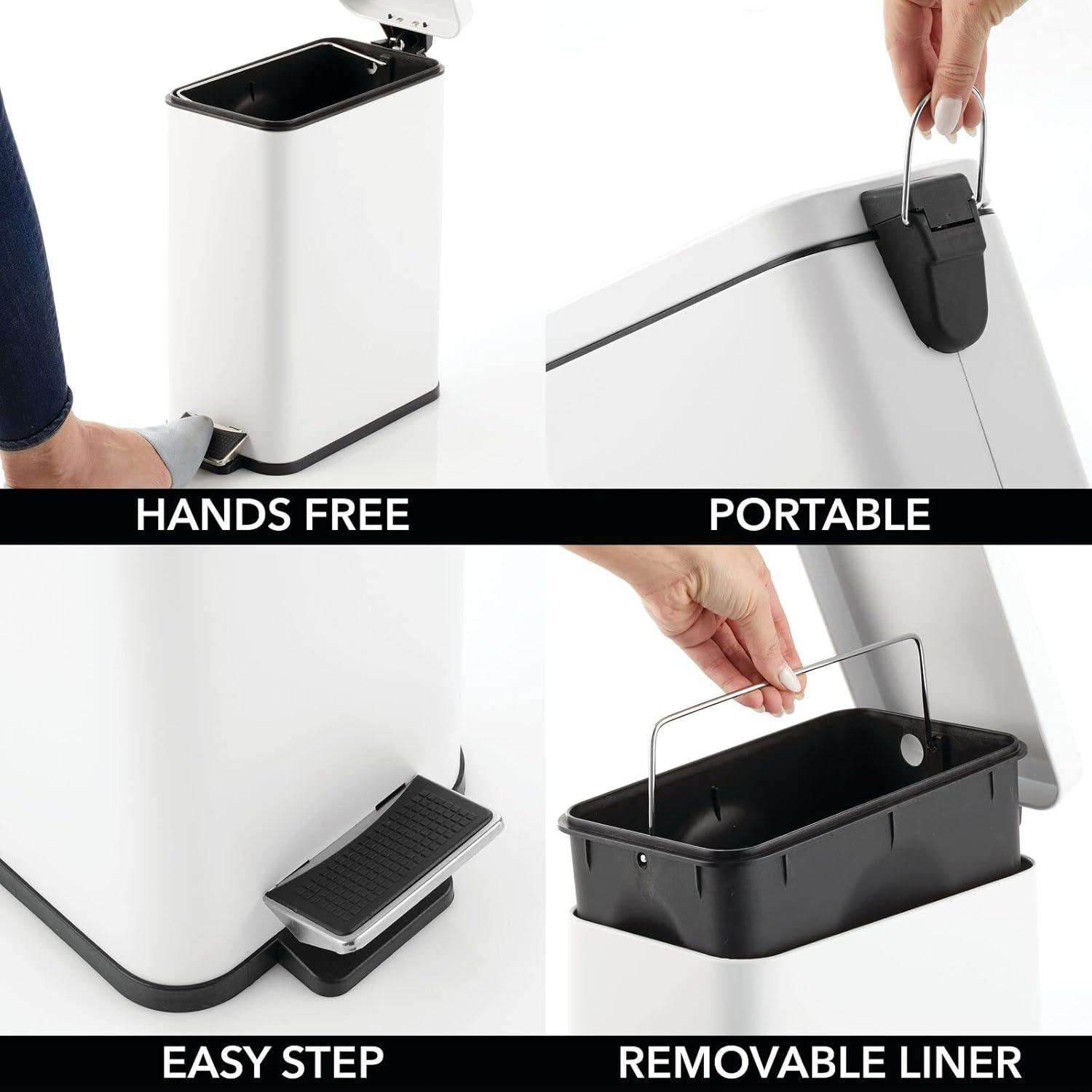imagemDesign Small Modern 13 Gallon Rectangle Metal Lidded Step Trash Can Compact Garbage Bin with Removable Liner Bucket and Handle for Bathroom Kitchen Craft Room Office Garage BlackWhite