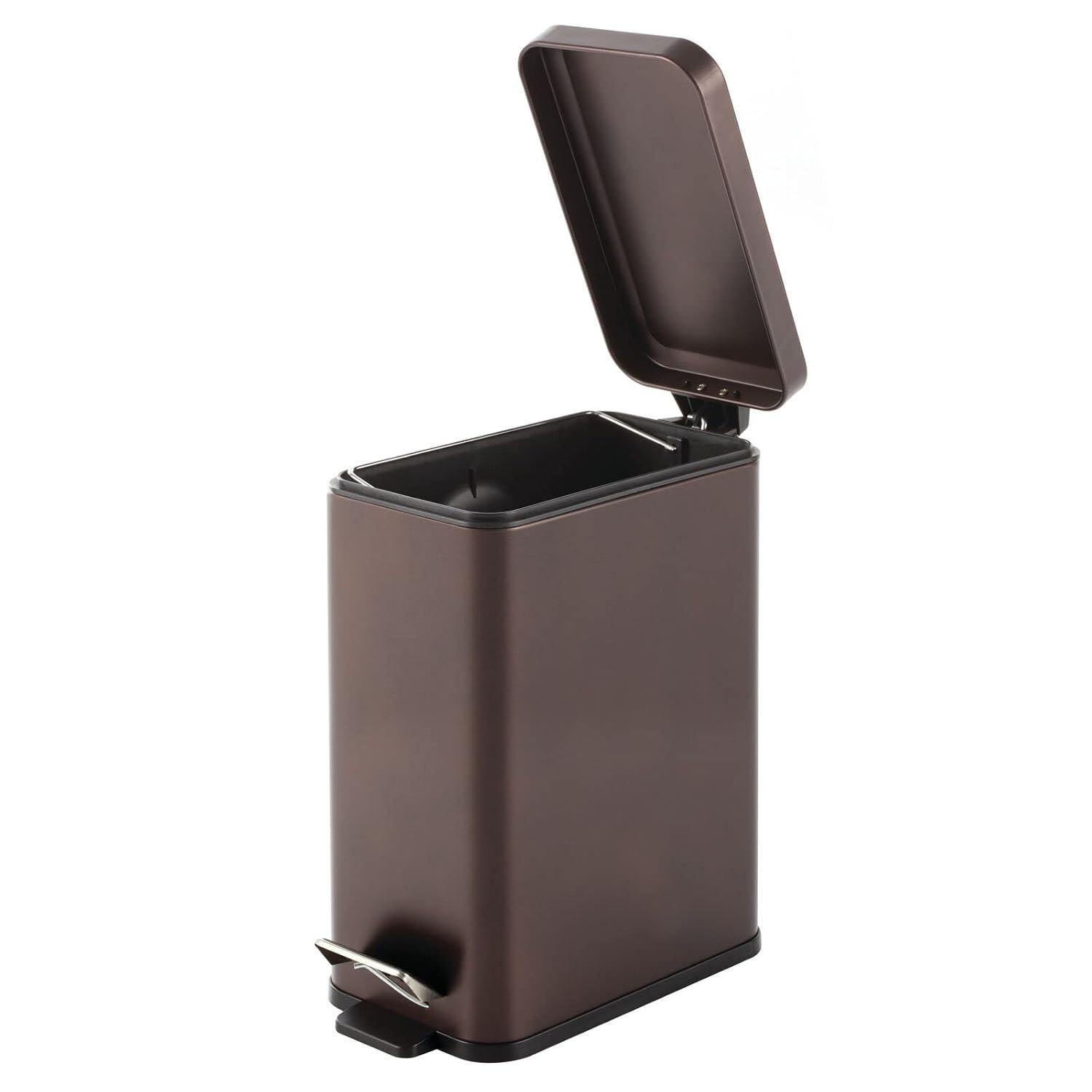 imagemDesign Small Modern 13 Gallon Rectangle Metal Lidded Step Trash Can Compact Garbage Bin with Removable Liner Bucket and Handle for Bathroom Kitchen Craft Room Office Garage BlackBronze