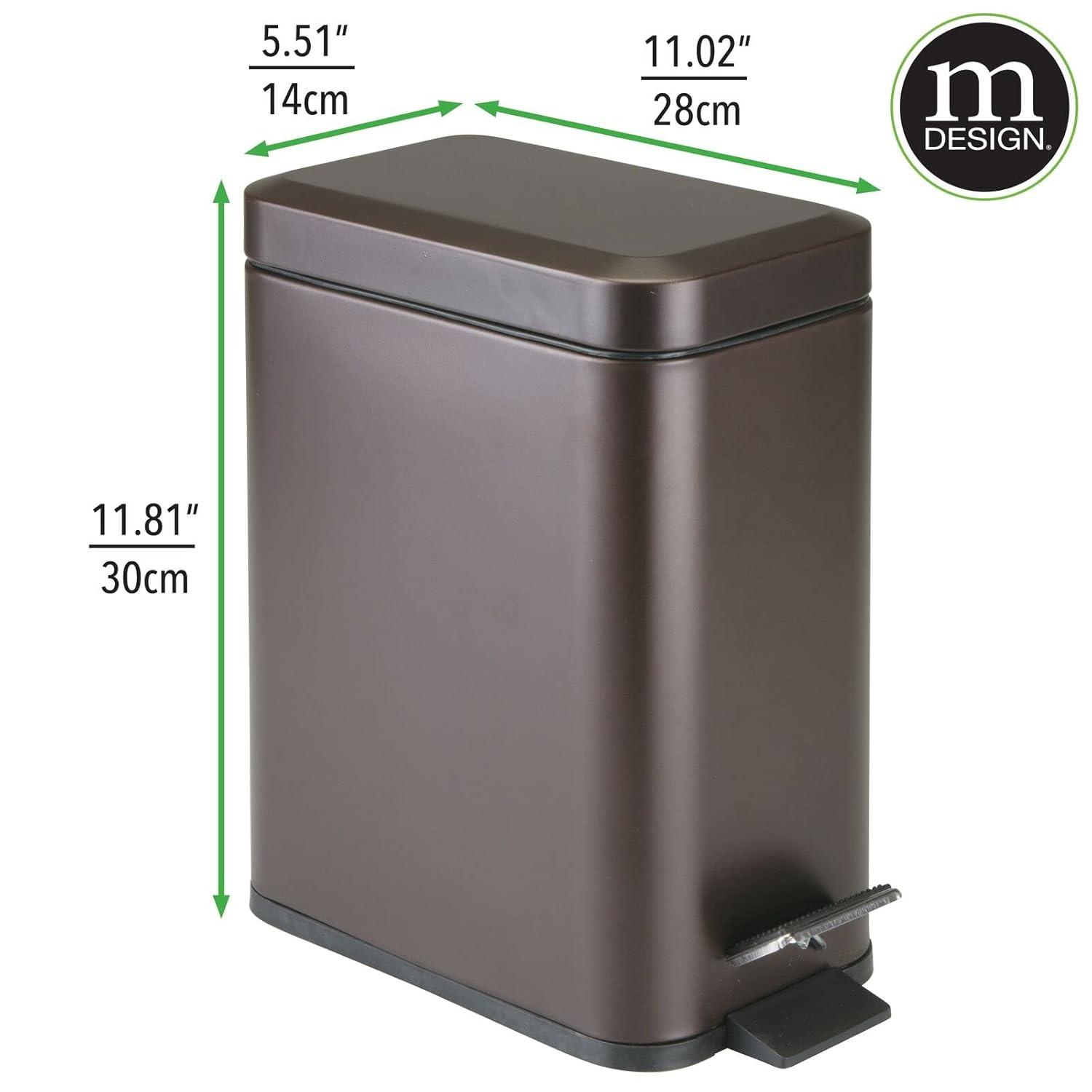 imagemDesign Small Modern 13 Gallon Rectangle Metal Lidded Step Trash Can Compact Garbage Bin with Removable Liner Bucket and Handle for Bathroom Kitchen Craft Room Office Garage BlackBronze