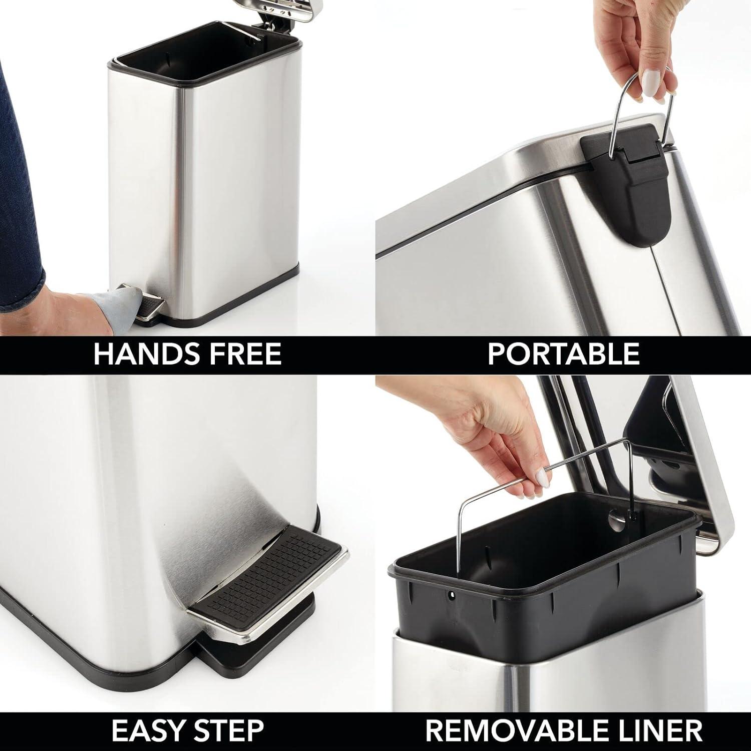 imagemDesign Small Modern 13 Gallon Rectangle Metal Lidded Step Trash Can Compact Garbage Bin with Removable Liner Bucket and Handle for Bathroom Kitchen Craft Room Office Garage BlackBrushed