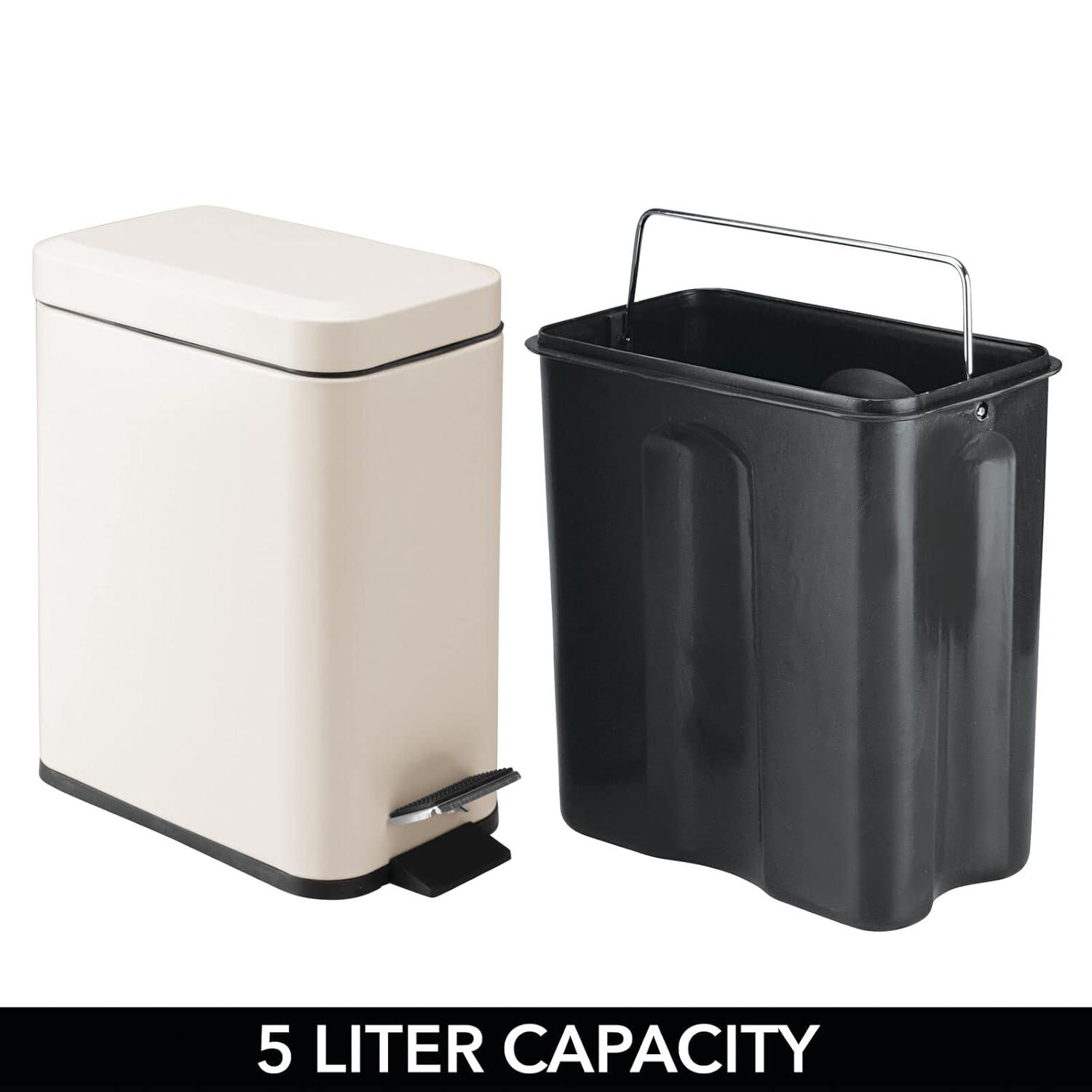 imagemDesign Small Modern 13 Gallon Rectangle Metal Lidded Step Trash Can Compact Garbage Bin with Removable Liner Bucket and Handle for Bathroom Kitchen Craft Room Office Garage BlackCream
