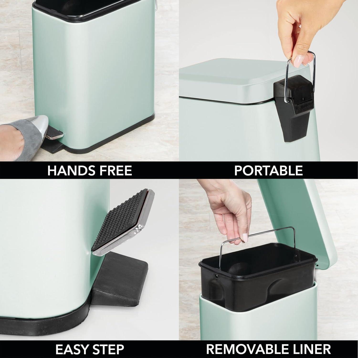 imagemDesign Small Modern 13 Gallon Rectangle Metal Lidded Step Trash Can Compact Garbage Bin with Removable Liner Bucket and Handle for Bathroom Kitchen Craft Room Office Garage BlackLight Mint Green