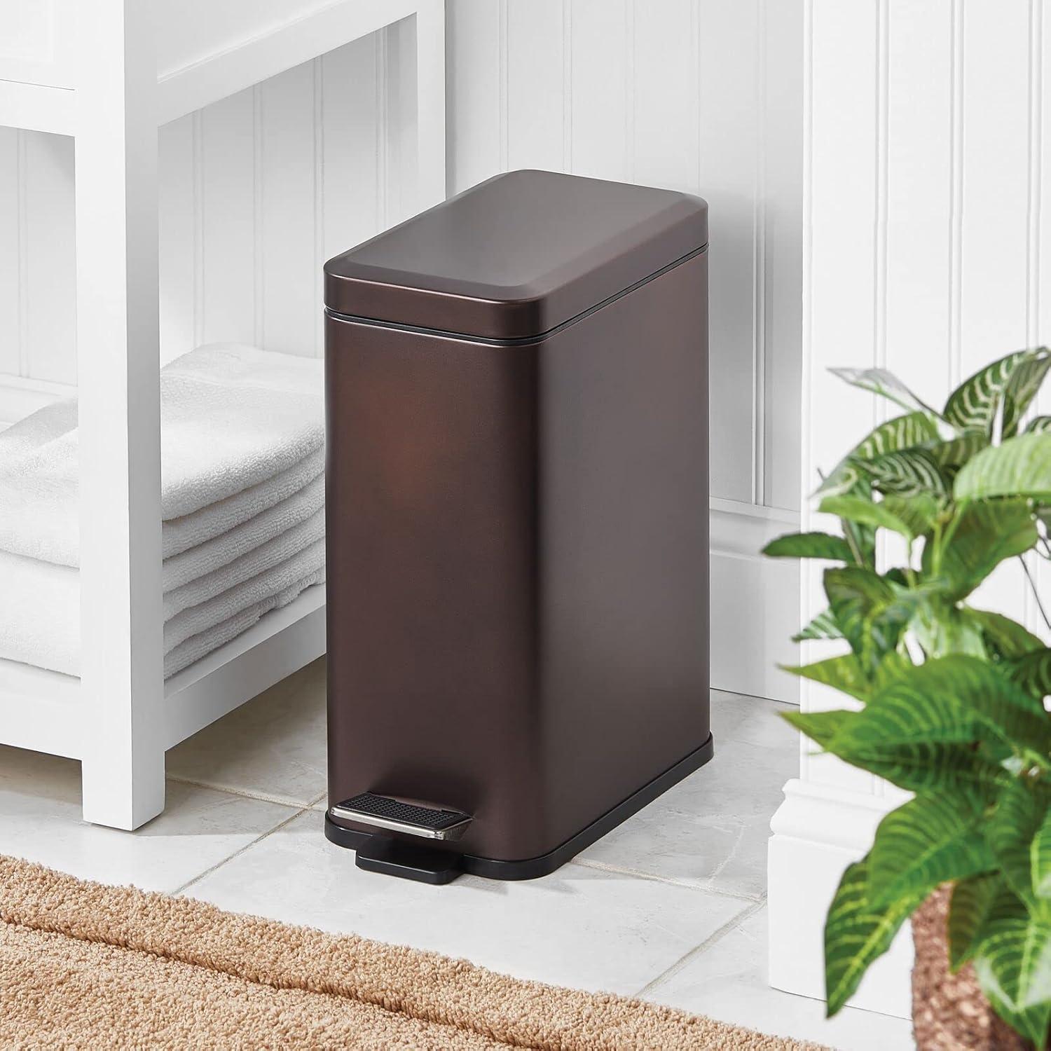 imagemDesign Small Modern 13 Gallon Rectangle Metal Lidded Step Trash Can Compact Garbage Bin with Removable Liner Bucket and Handle for Bathroom Kitchen Craft Room Office Garage BlackBronze