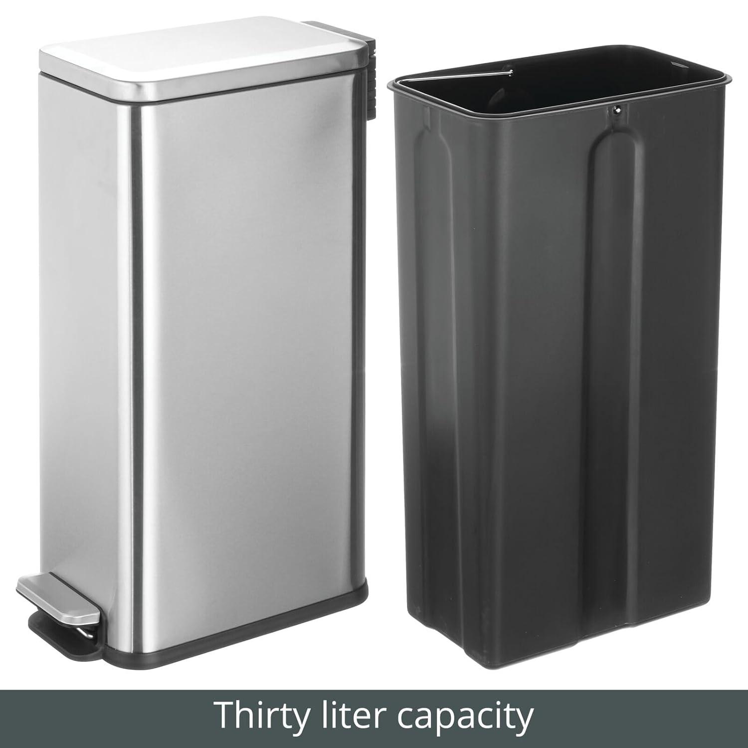 imagemDesign Small Modern 13 Gallon Rectangle Metal Lidded Step Trash Can Compact Garbage Bin with Removable Liner Bucket and Handle for Bathroom Kitchen Craft Room Office Garage BlackBrushed