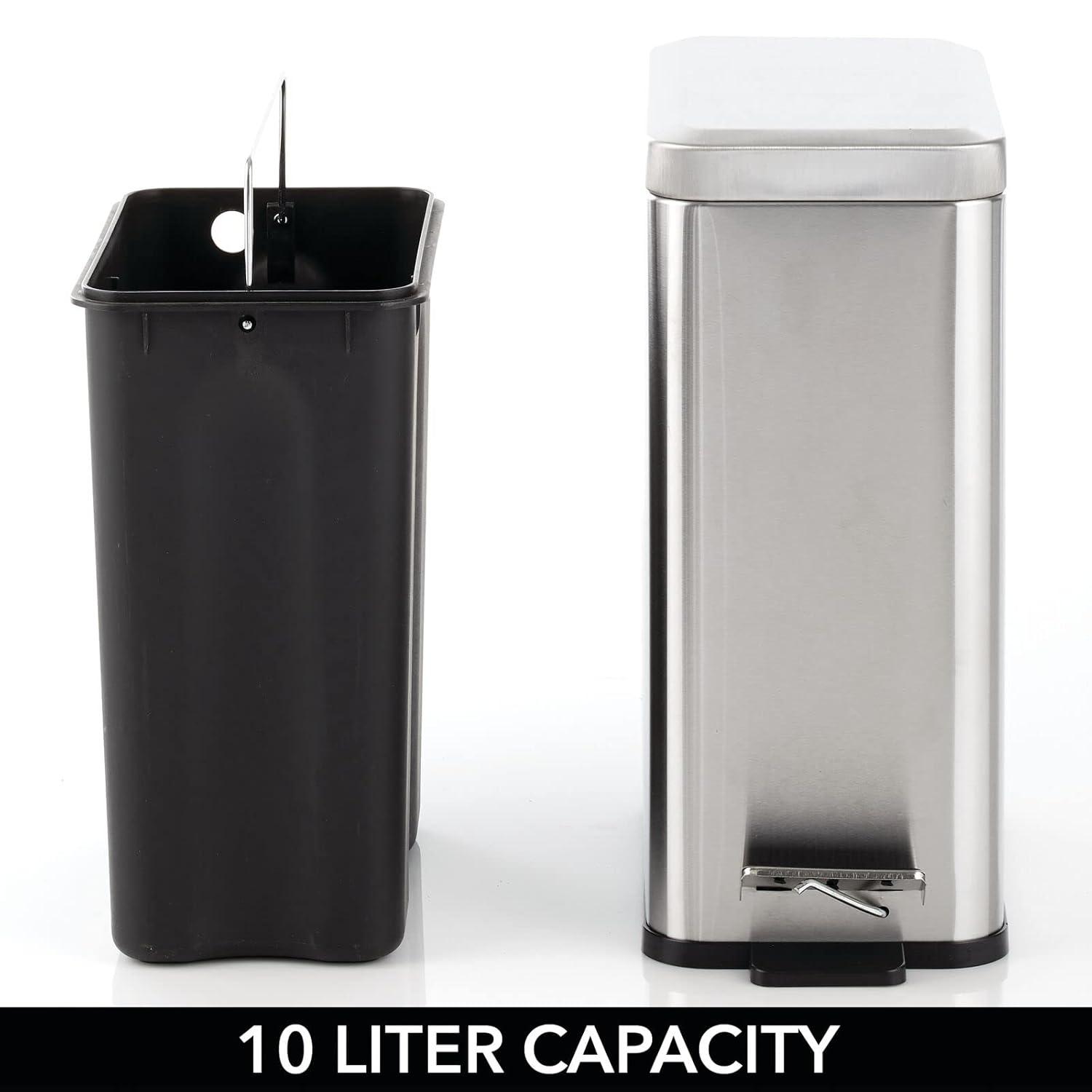 imagemDesign Small Modern 13 Gallon Rectangle Metal Lidded Step Trash Can Compact Garbage Bin with Removable Liner Bucket and Handle for Bathroom Kitchen Craft Room Office Garage BlackBrushed