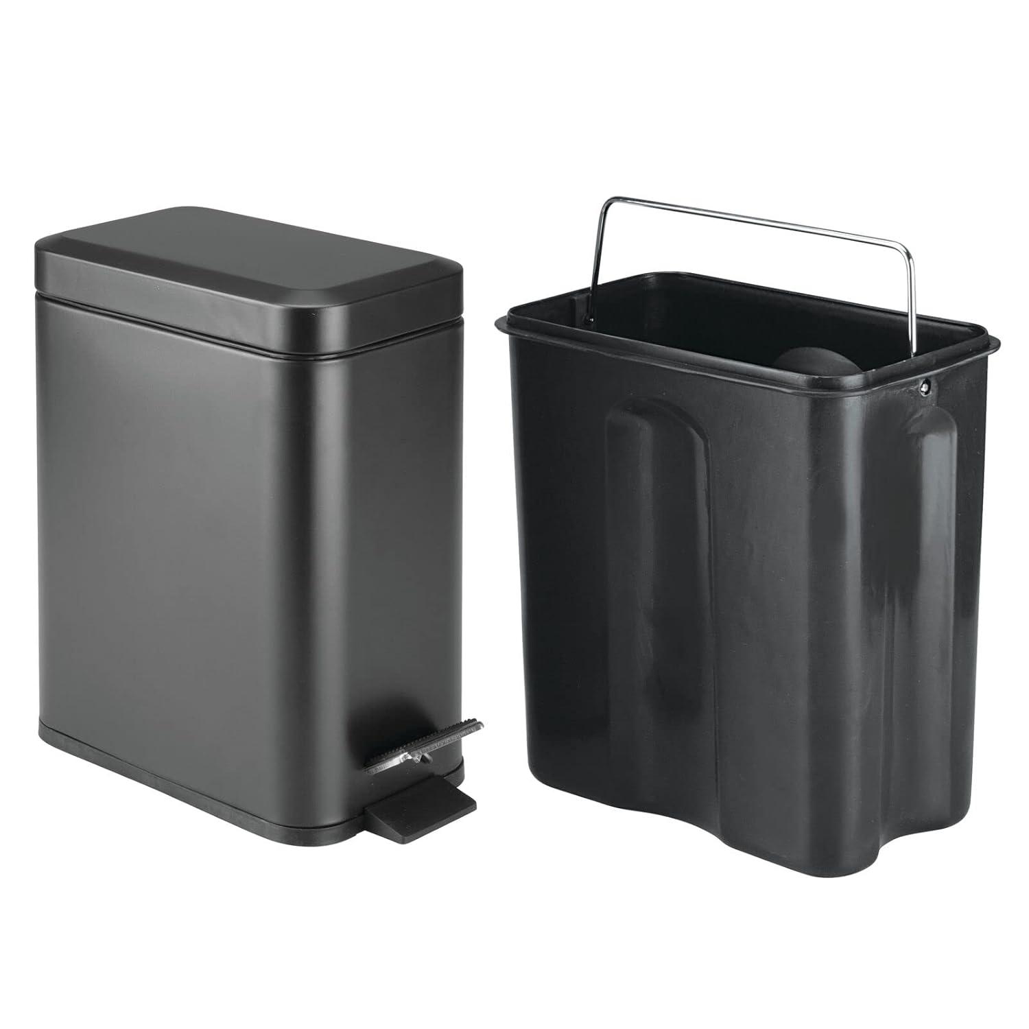 imagemDesign Small Modern 13 Gallon Rectangle Metal Lidded Step Trash Can Compact Garbage Bin with Removable Liner Bucket and Handle for Bathroom Kitchen Craft Room Office Garage BlackBlack