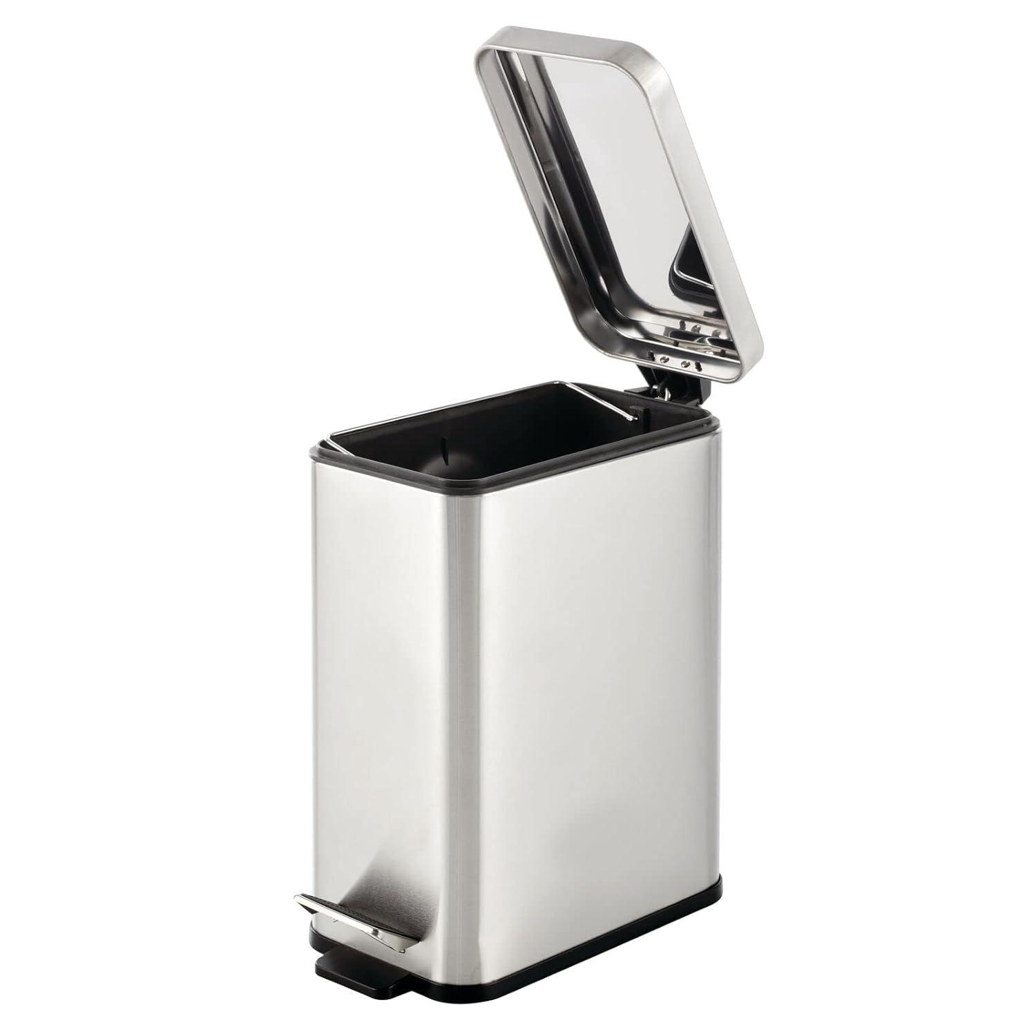 imagemDesign Small Modern 13 Gallon Rectangle Metal Lidded Step Trash Can Compact Garbage Bin with Removable Liner Bucket and Handle for Bathroom Kitchen Craft Room Office Garage BlackBrushed