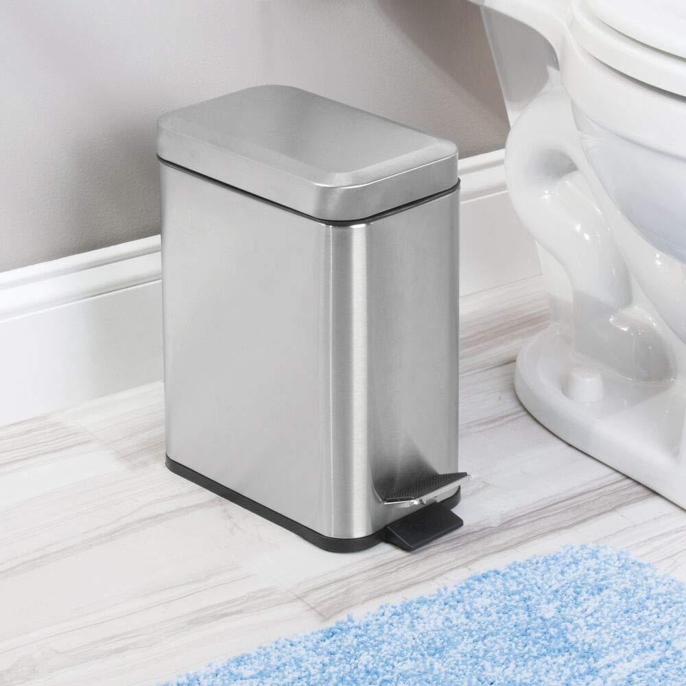 imagemDesign Small Modern 13 Gallon Rectangle Metal Lidded Step Trash Can Compact Garbage Bin with Removable Liner Bucket and Handle for Bathroom Kitchen Craft Room Office Garage BlackBrushed