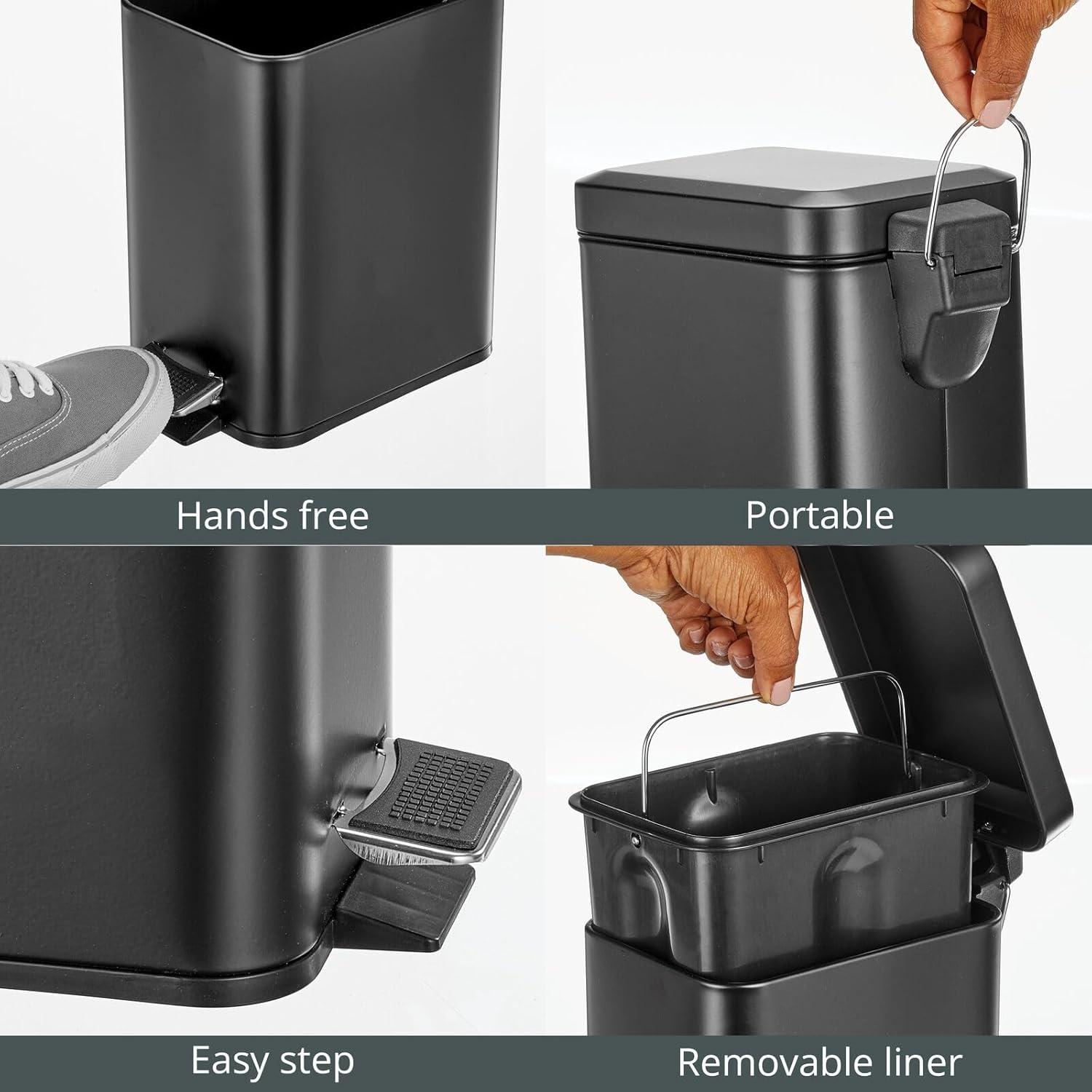 imagemDesign Small Modern 13 Gallon Rectangle Metal Lidded Step Trash Can Compact Garbage Bin with Removable Liner Bucket and Handle for Bathroom Kitchen Craft Room Office Garage BlackBlack