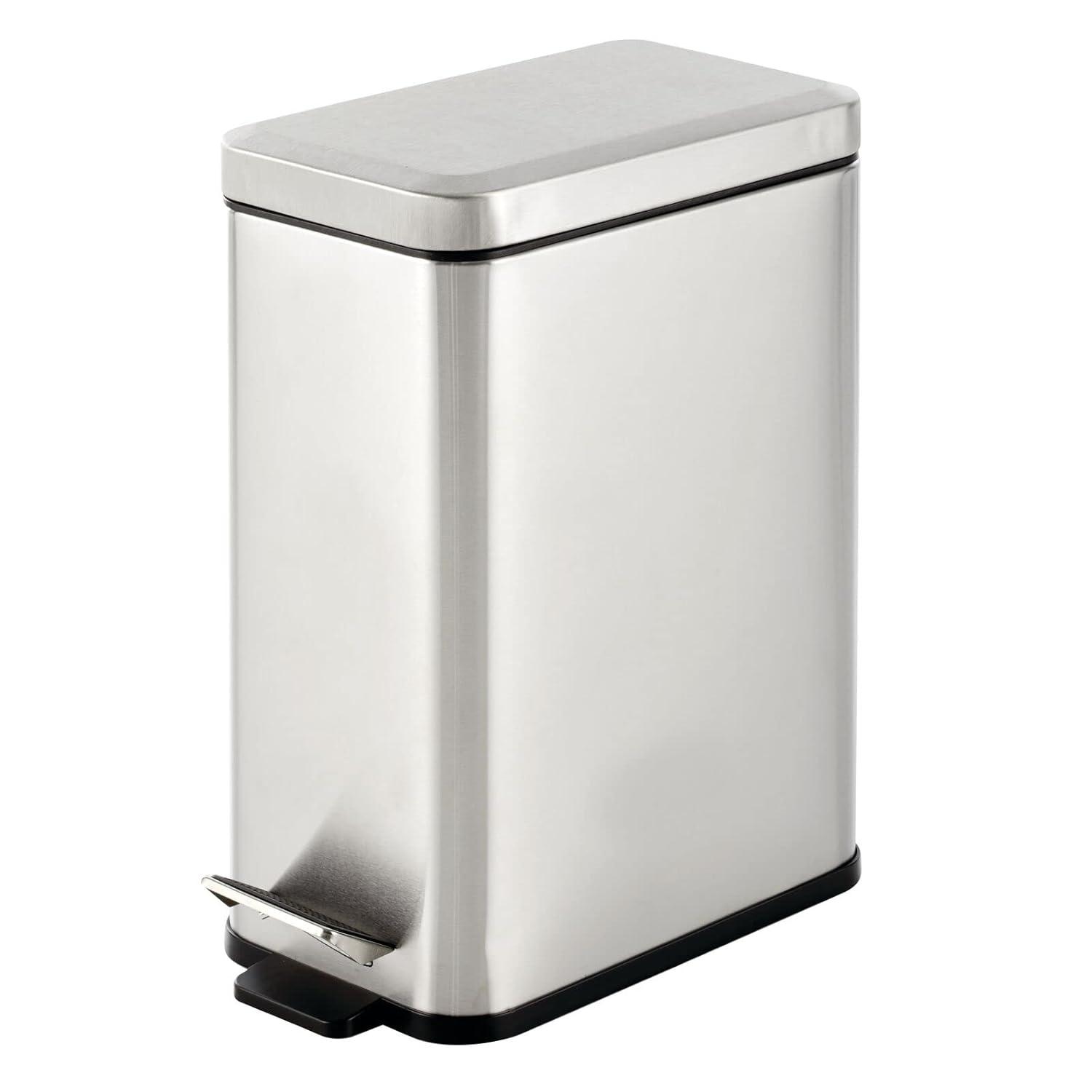 imagemDesign Small Modern 13 Gallon Rectangle Metal Lidded Step Trash Can Compact Garbage Bin with Removable Liner Bucket and Handle for Bathroom Kitchen Craft Room Office Garage BlackBrushed