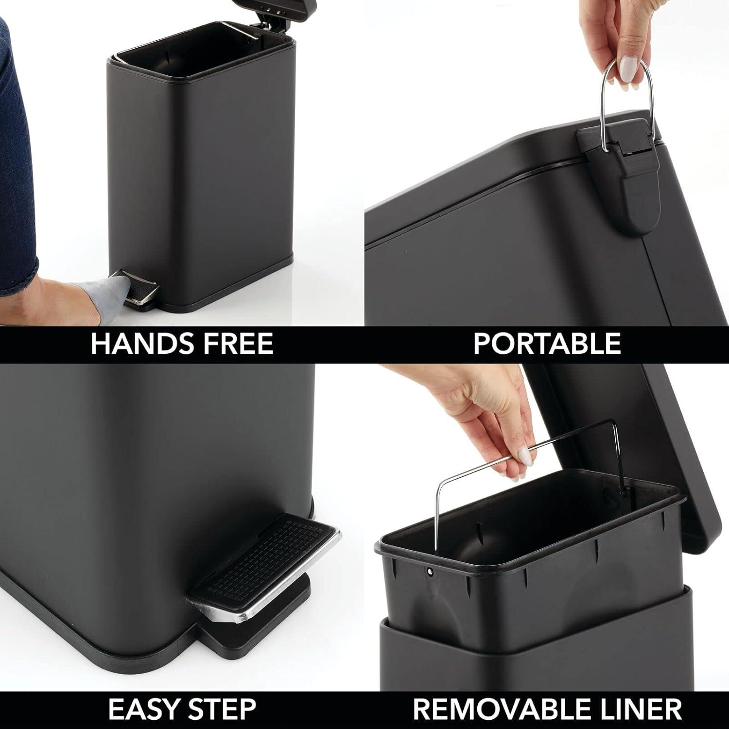 imagemDesign Small Modern 13 Gallon Rectangle Metal Lidded Step Trash Can Compact Garbage Bin with Removable Liner Bucket and Handle for Bathroom Kitchen Craft Room Office Garage BlackBlack