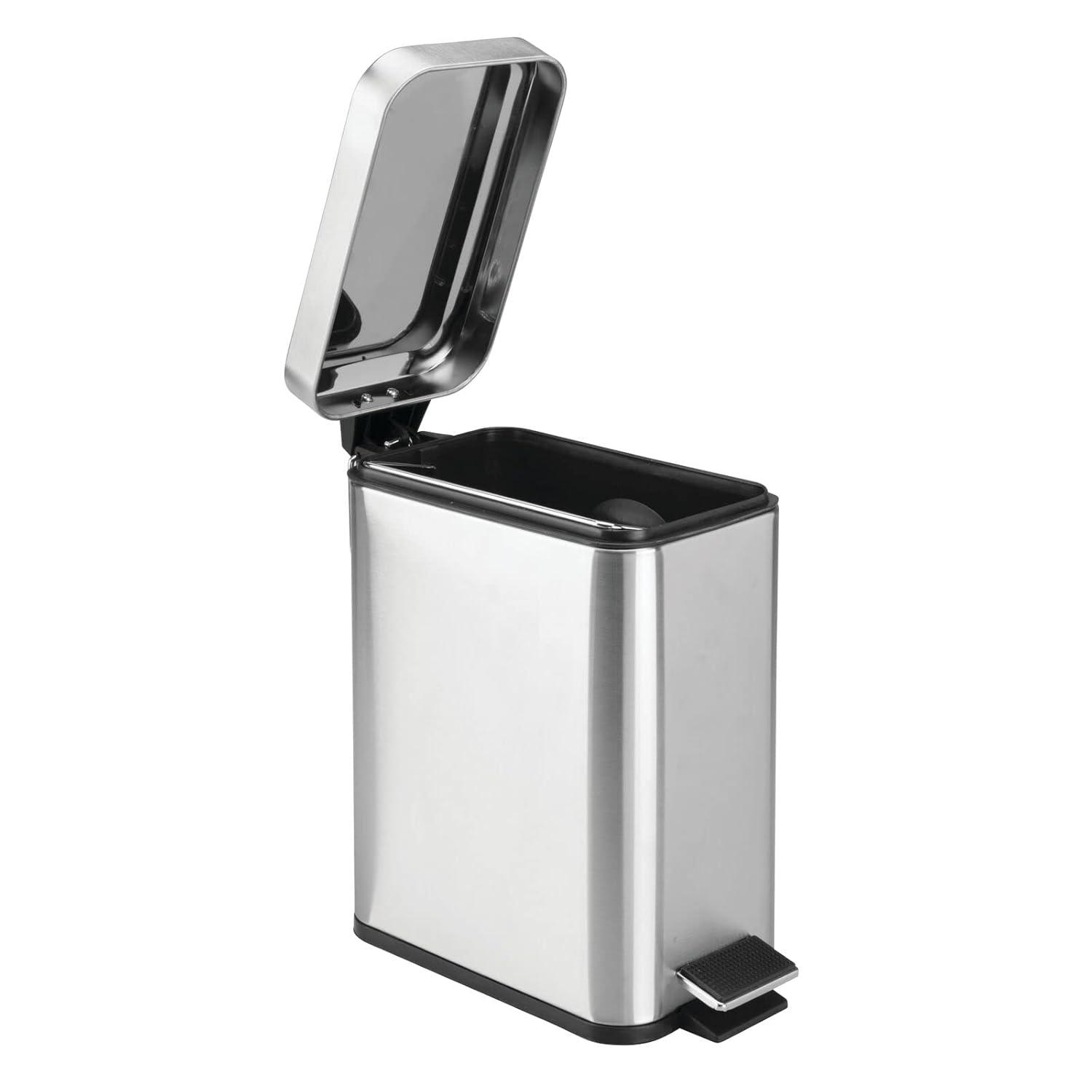 imagemDesign Small Modern 13 Gallon Rectangle Metal Lidded Step Trash Can Compact Garbage Bin with Removable Liner Bucket and Handle for Bathroom Kitchen Craft Room Office Garage BlackBrushed