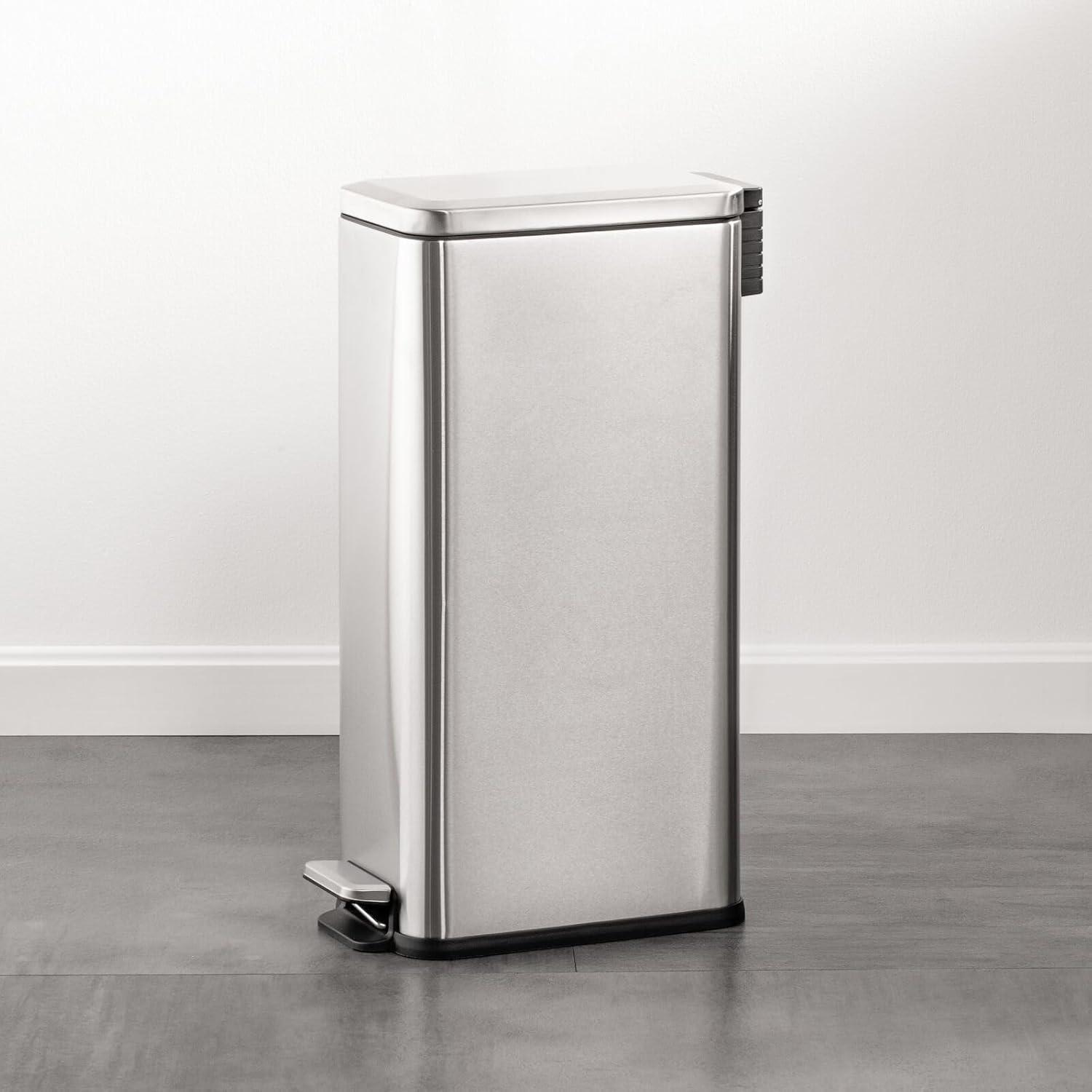 imagemDesign Small Modern 13 Gallon Rectangle Metal Lidded Step Trash Can Compact Garbage Bin with Removable Liner Bucket and Handle for Bathroom Kitchen Craft Room Office Garage BlackBrushed