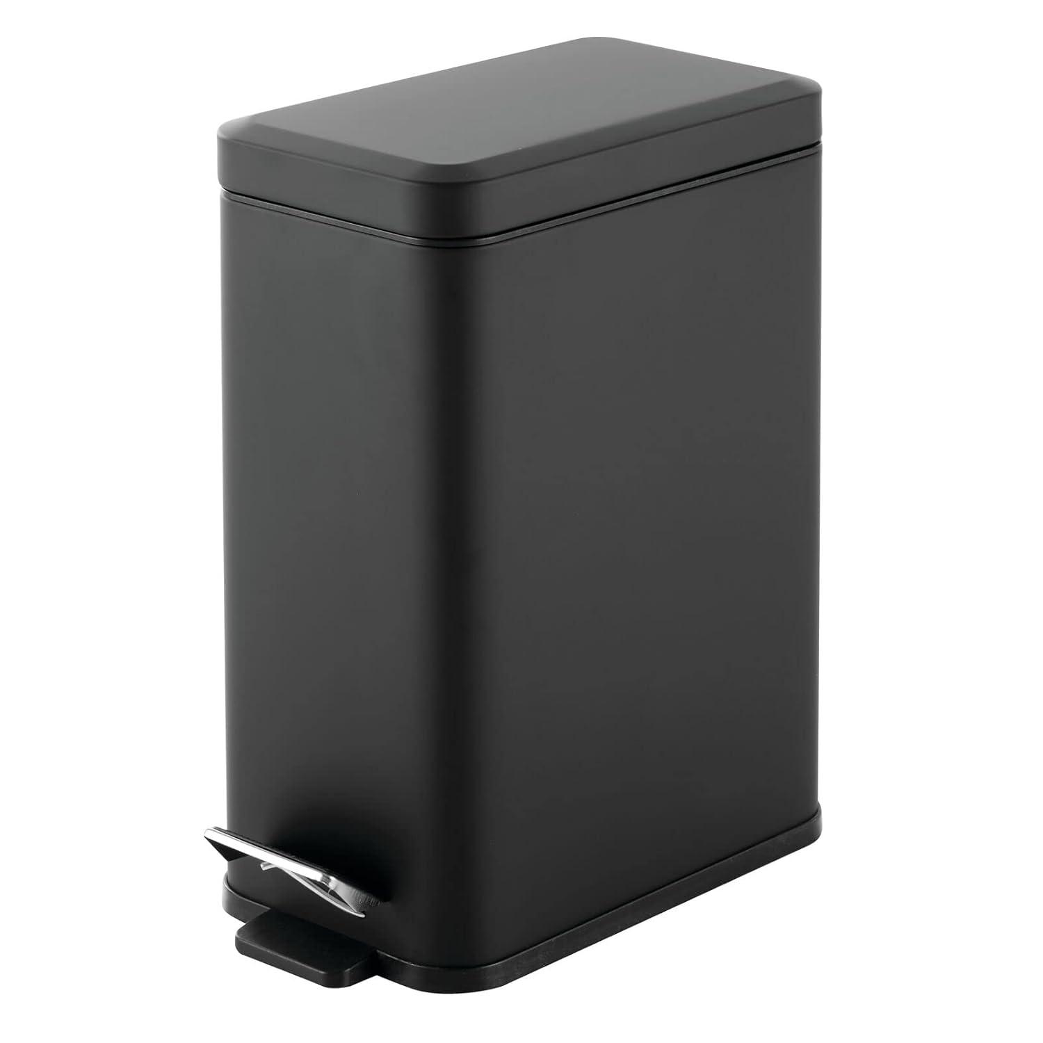 imagemDesign Small Modern 13 Gallon Rectangle Metal Lidded Step Trash Can Compact Garbage Bin with Removable Liner Bucket and Handle for Bathroom Kitchen Craft Room Office Garage BlackBlack