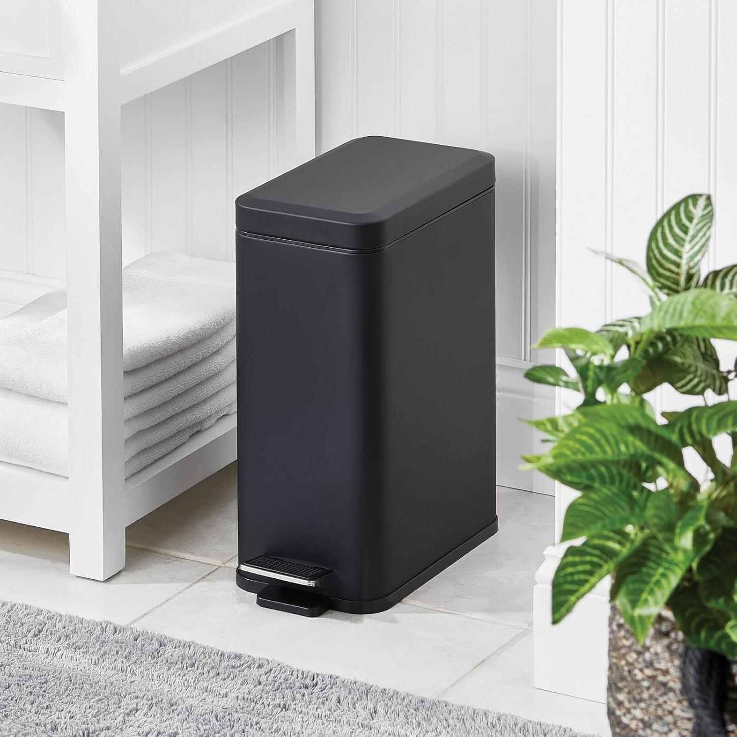 imagemDesign Small Modern 13 Gallon Rectangle Metal Lidded Step Trash Can Compact Garbage Bin with Removable Liner Bucket and Handle for Bathroom Kitchen Craft Room Office Garage BlackBlack