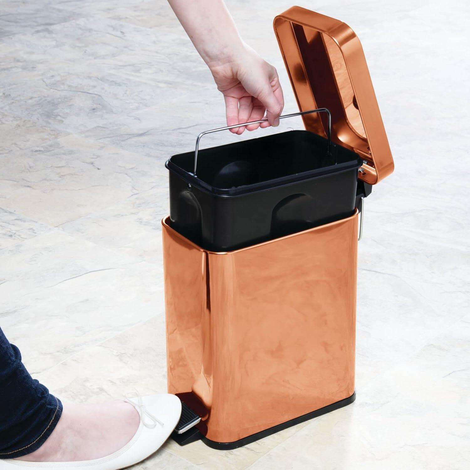 imagemDesign Small Modern 13 Gallon Rectangle Metal Lidded Step Trash Can Compact Garbage Bin with Removable Liner Bucket and Handle for Bathroom Kitchen Craft Room Office Garage BlackCopper