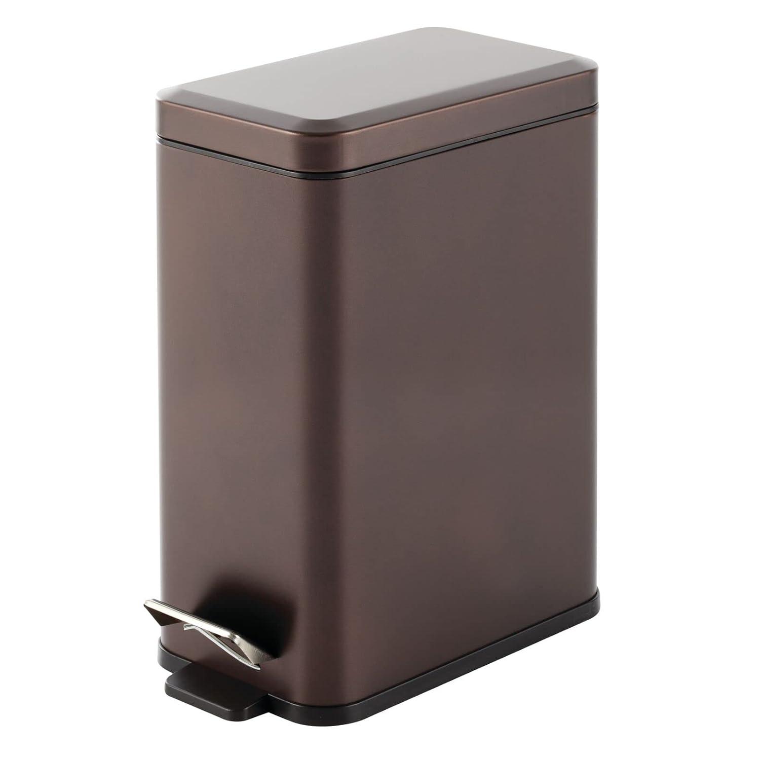 imagemDesign Small Modern 13 Gallon Rectangle Metal Lidded Step Trash Can Compact Garbage Bin with Removable Liner Bucket and Handle for Bathroom Kitchen Craft Room Office Garage BlackBronze