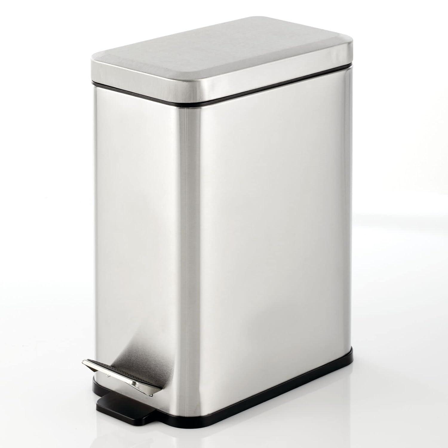 imagemDesign Small Modern 13 Gallon Rectangle Metal Lidded Step Trash Can Compact Garbage Bin with Removable Liner Bucket and Handle for Bathroom Kitchen Craft Room Office Garage BlackBrushed