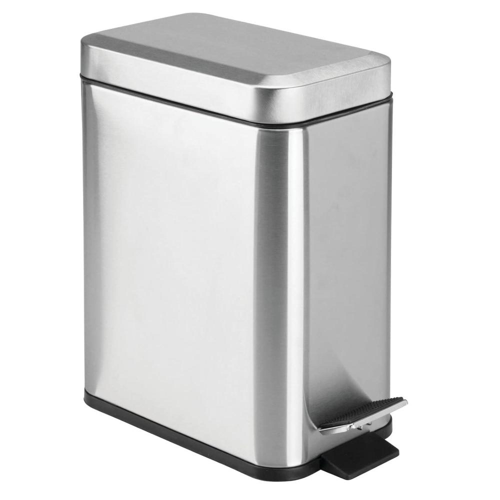 imagemDesign Small Modern 13 Gallon Rectangle Metal Lidded Step Trash Can Compact Garbage Bin with Removable Liner Bucket and Handle for Bathroom Kitchen Craft Room Office Garage BlackBrushed