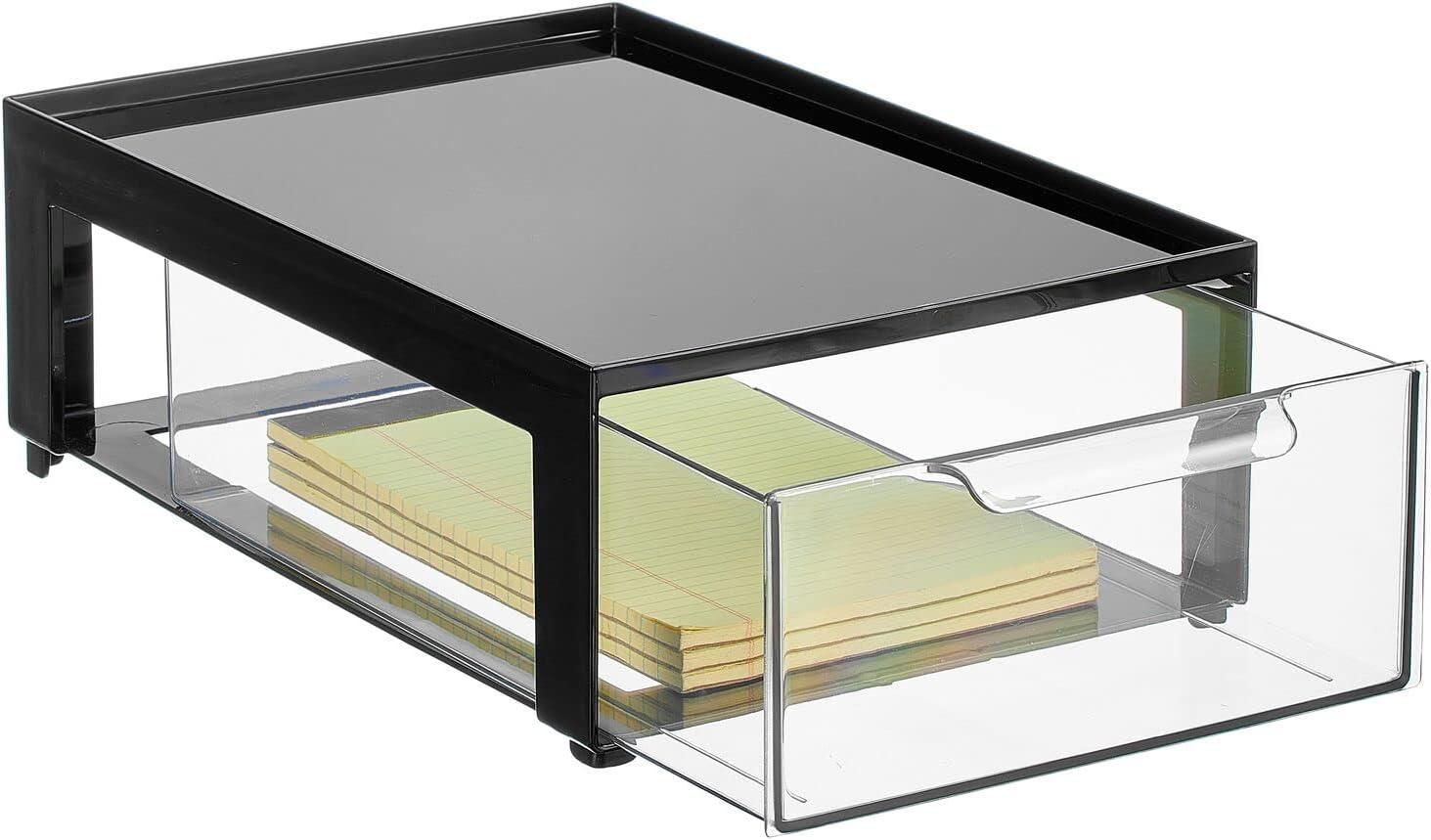 imagemDesign Plastic Desk Organizer and Storage Bin wPull Out Drawer Shallow Stackable Office Storage Container for Office Supplies Desktop Drawer Organizer Lumiere Collection 8 Pack BlackClear