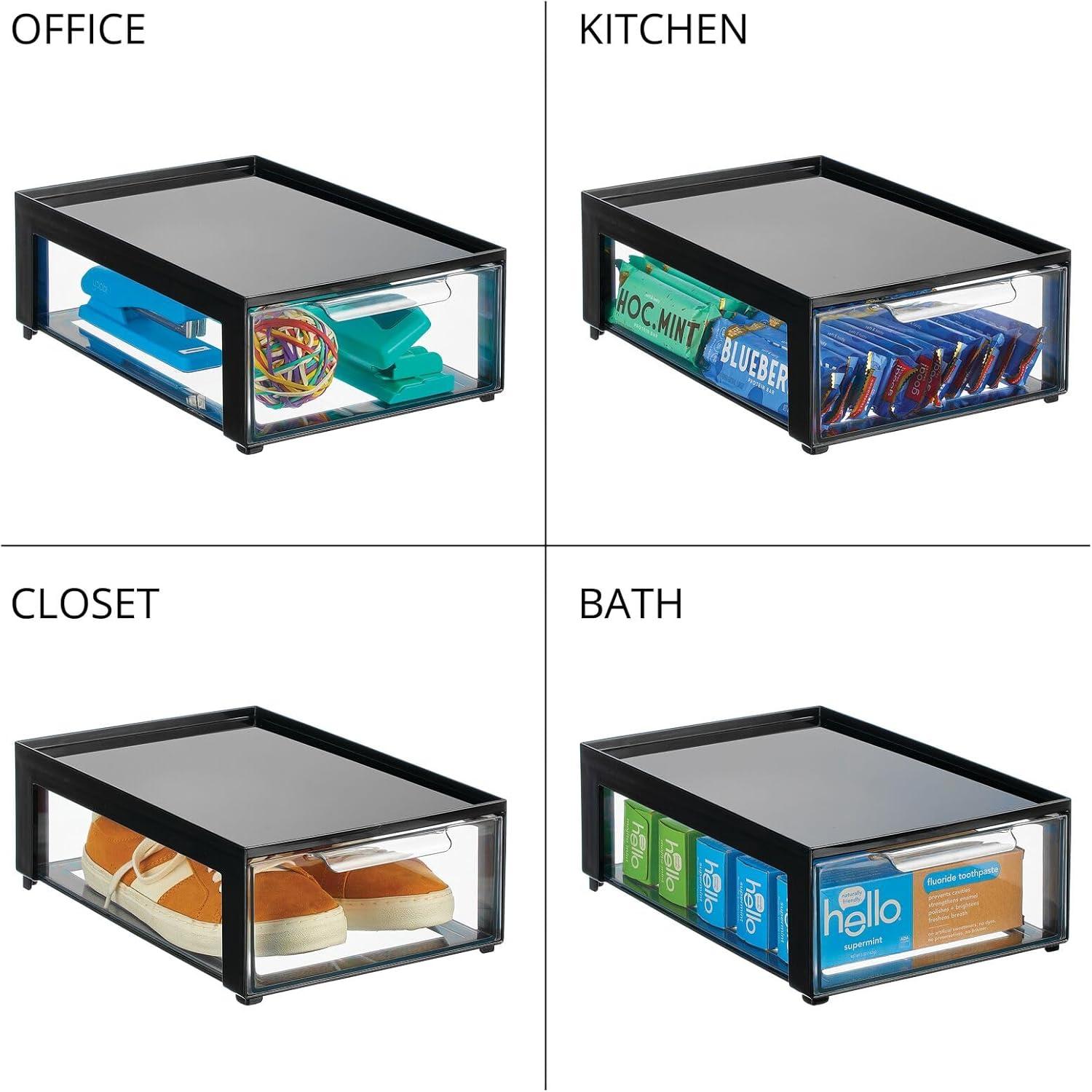 imagemDesign Plastic Desk Organizer and Storage Bin wPull Out Drawer Shallow Stackable Office Storage Container for Office Supplies Desktop Drawer Organizer Lumiere Collection 8 Pack BlackClear