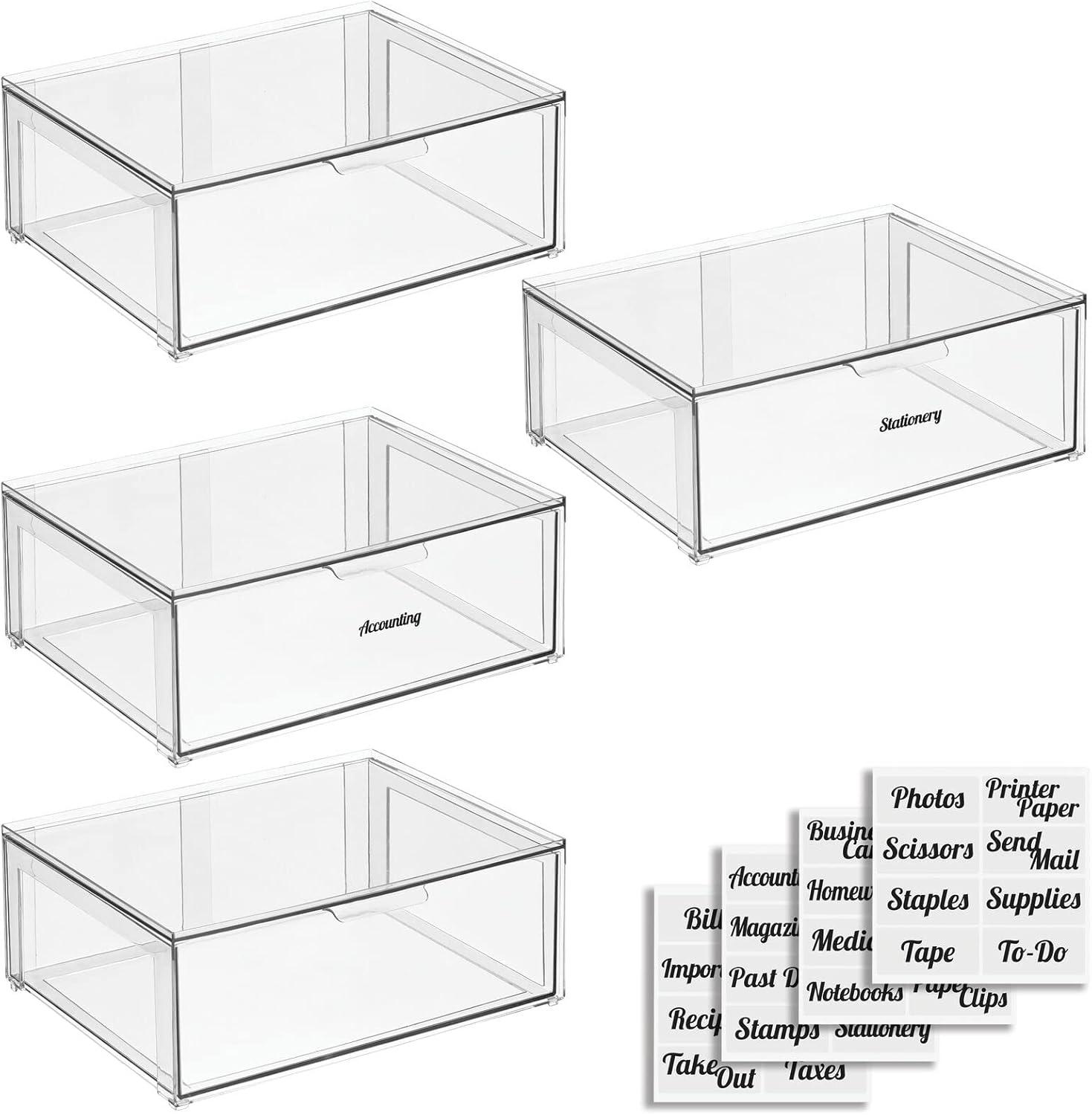 imagemDesign Plastic Stackable Office Storage Organizer Bin Containers with Front Pull Drawer and Labels for Cabinet Desk Shelves or Closet Organization Lumiere Collection 4 Bins 32 Labels Clear