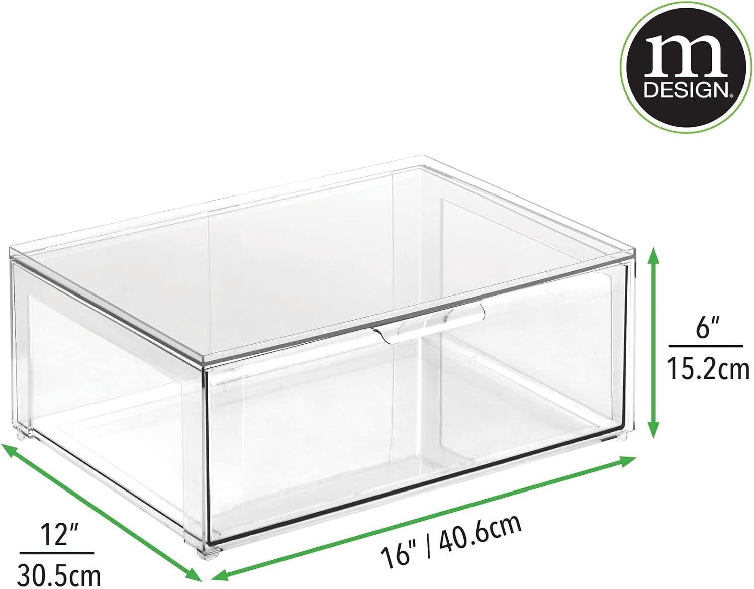 imagemDesign Plastic Stackable Office Storage Organizer Bin Containers with Front Pull Drawer and Labels for Cabinet Desk Shelves or Closet Organization Lumiere Collection 4 Bins 32 Labels Clear