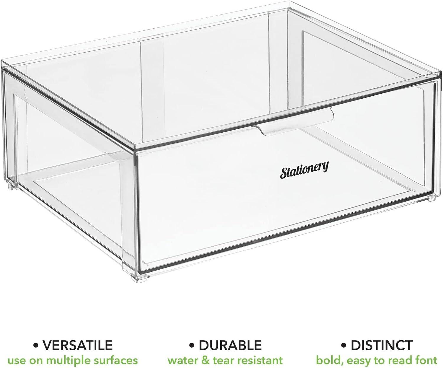 imagemDesign Plastic Stackable Office Storage Organizer Bin Containers with Front Pull Drawer and Labels for Cabinet Desk Shelves or Closet Organization Lumiere Collection 4 Bins 32 Labels Clear