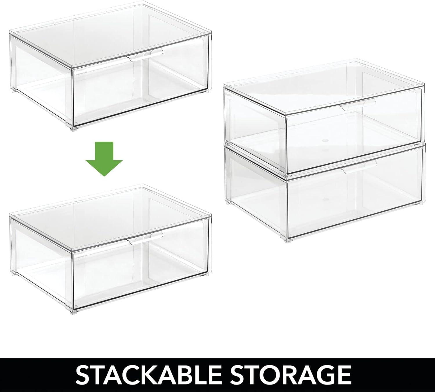 imagemDesign Plastic Stackable Office Storage Organizer Bin Containers with Front Pull Drawer and Labels for Cabinet Desk Shelves or Closet Organization Lumiere Collection 4 Bins 32 Labels Clear